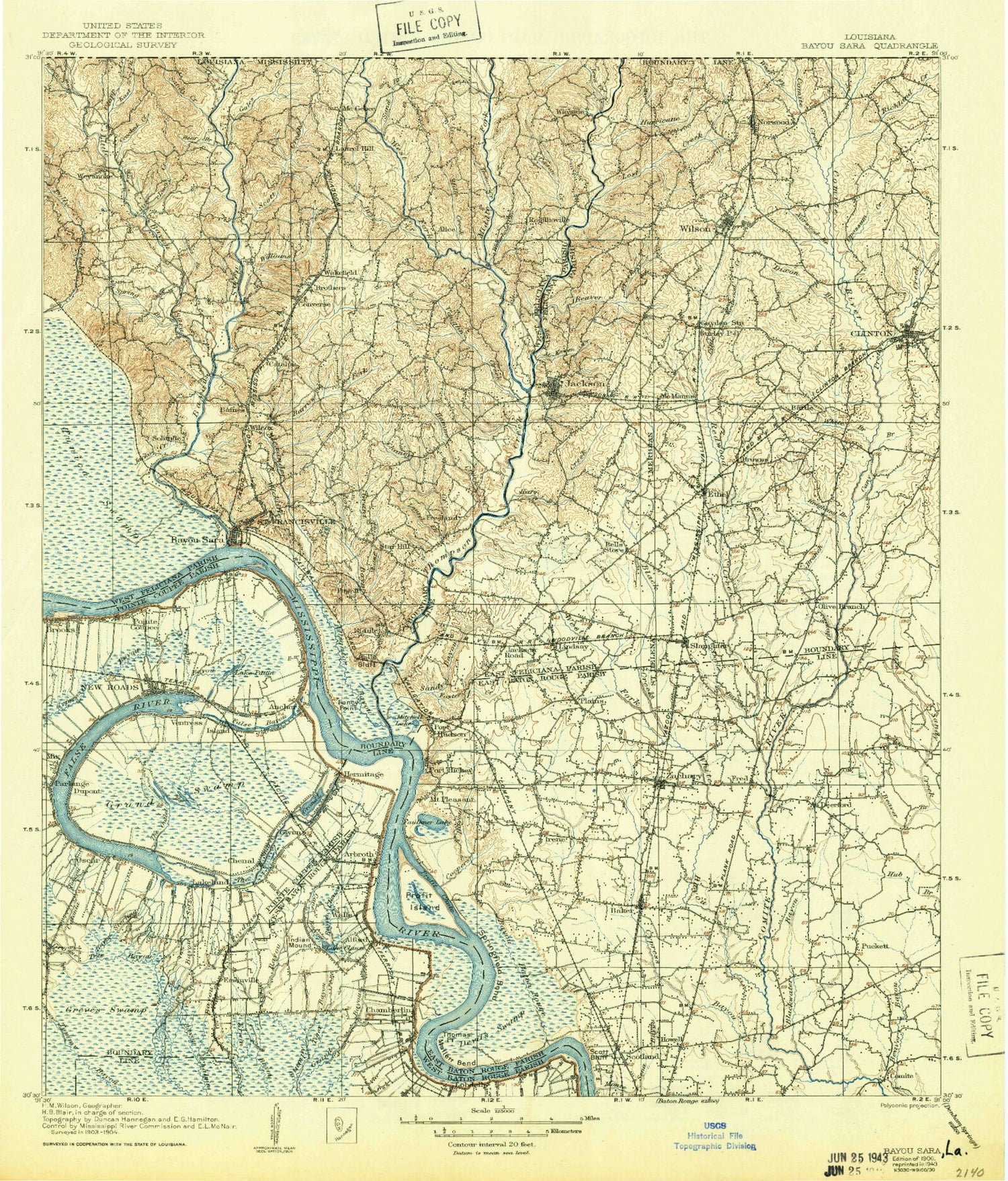 Historic 1906 Bayou Sara Louisiana 30'x30' Topo Map Image