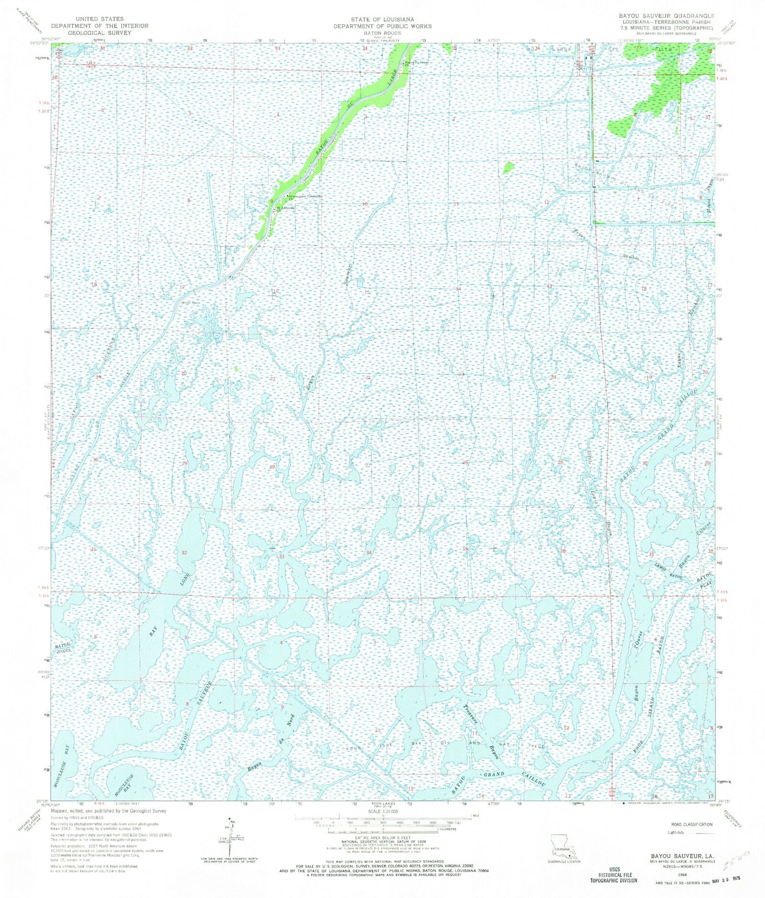 Classic USGS Bayou Sauveur Louisiana 7.5'x7.5' Topo Map Image