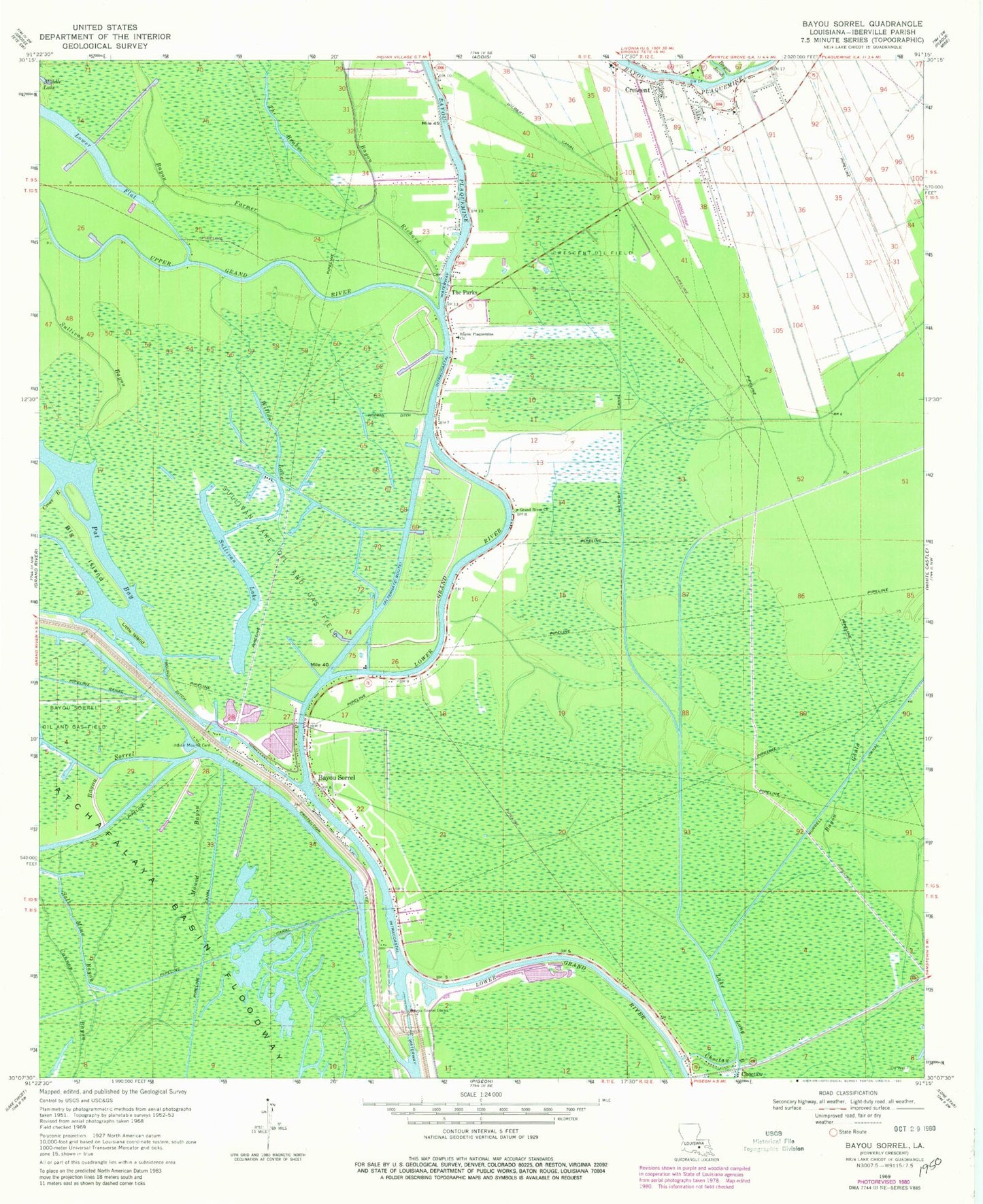 Classic USGS Bayou Sorrel Louisiana 7.5'x7.5' Topo Map Image
