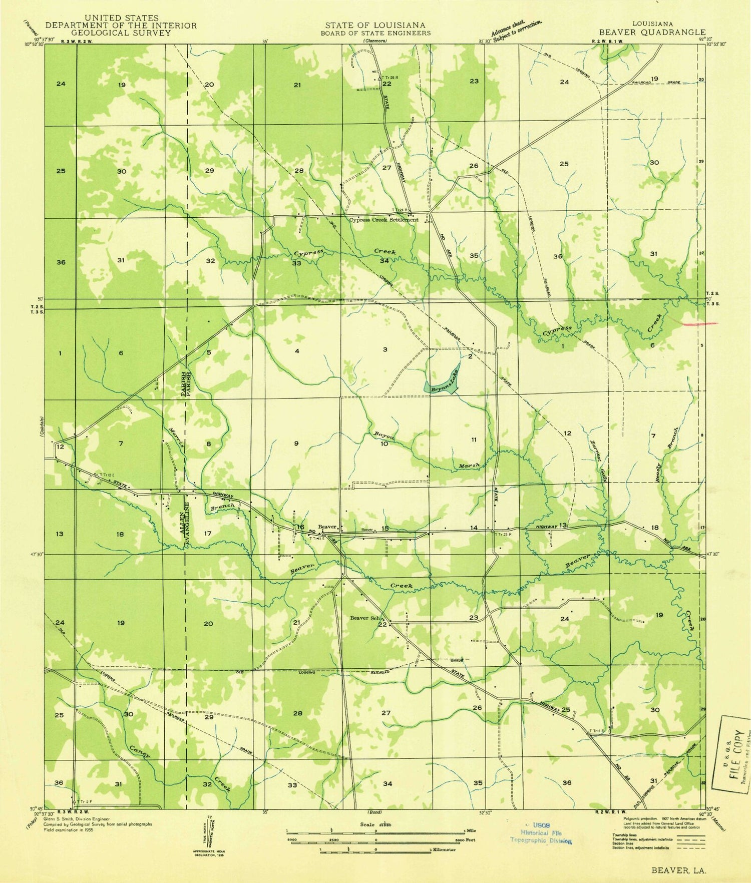 Classic USGS Beaver Louisiana 7.5'x7.5' Topo Map Image
