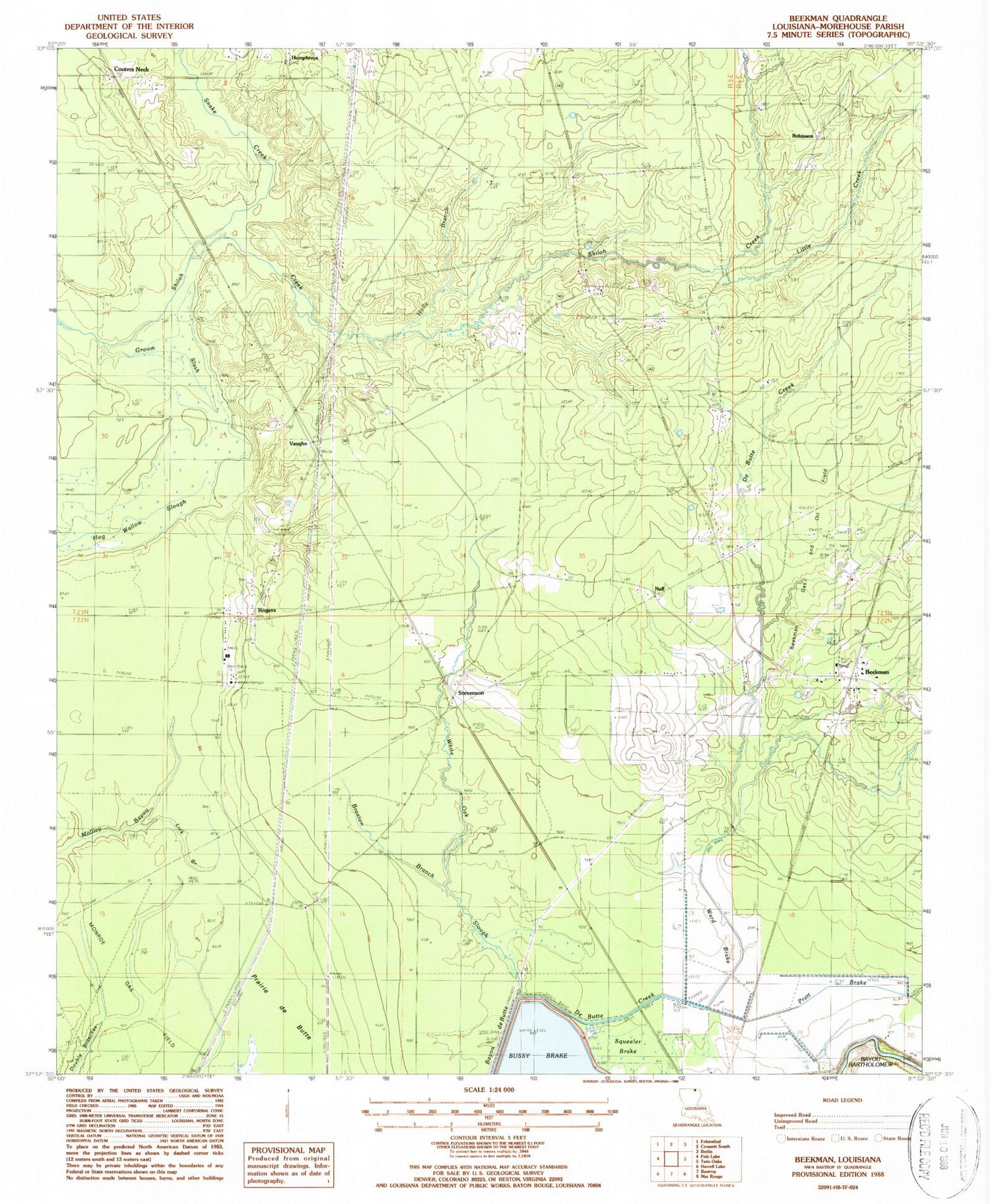 Classic USGS Beekman Louisiana 7.5'x7.5' Topo Map Image