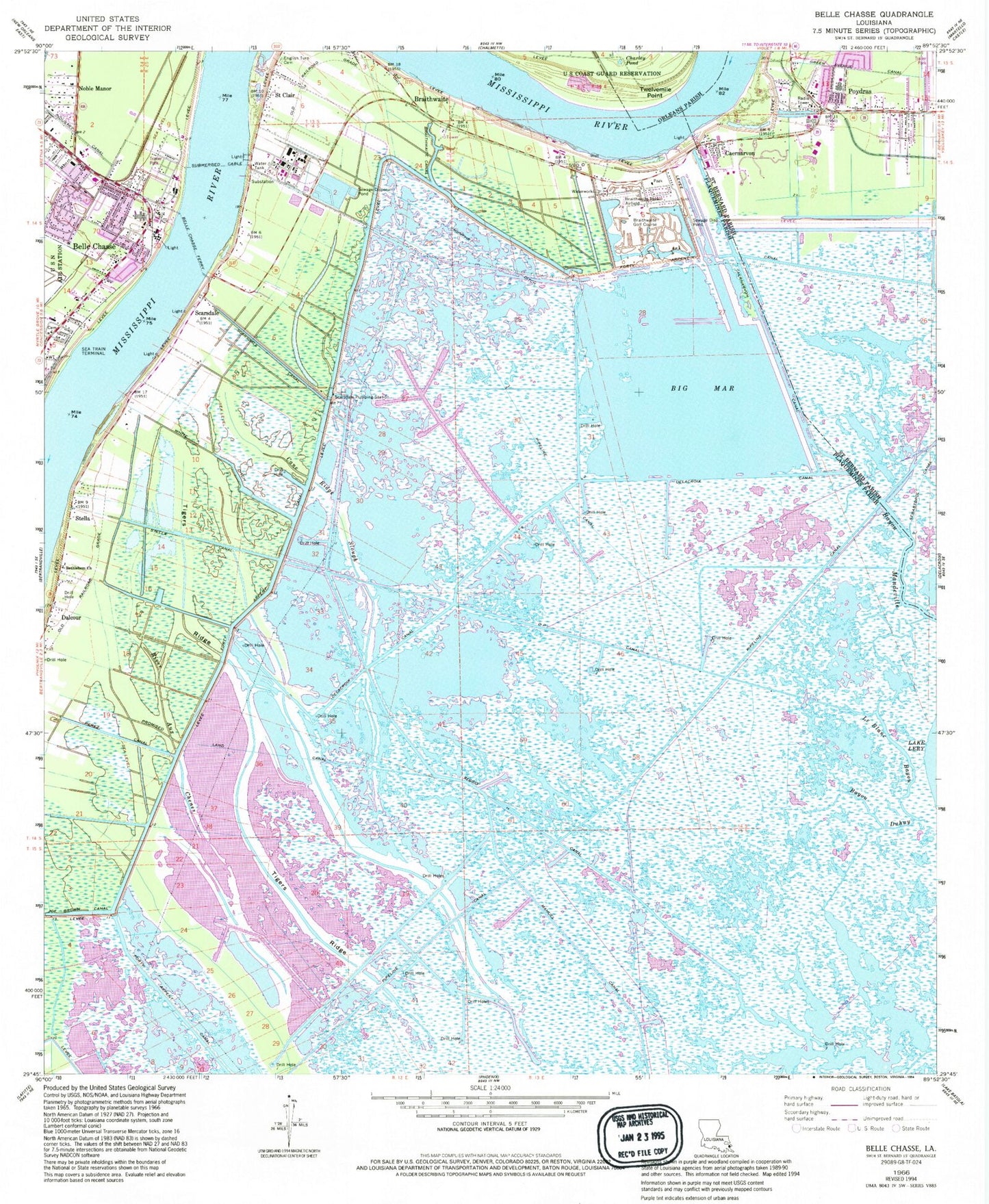 Classic USGS Belle Chasse Louisiana 7.5'x7.5' Topo Map Image