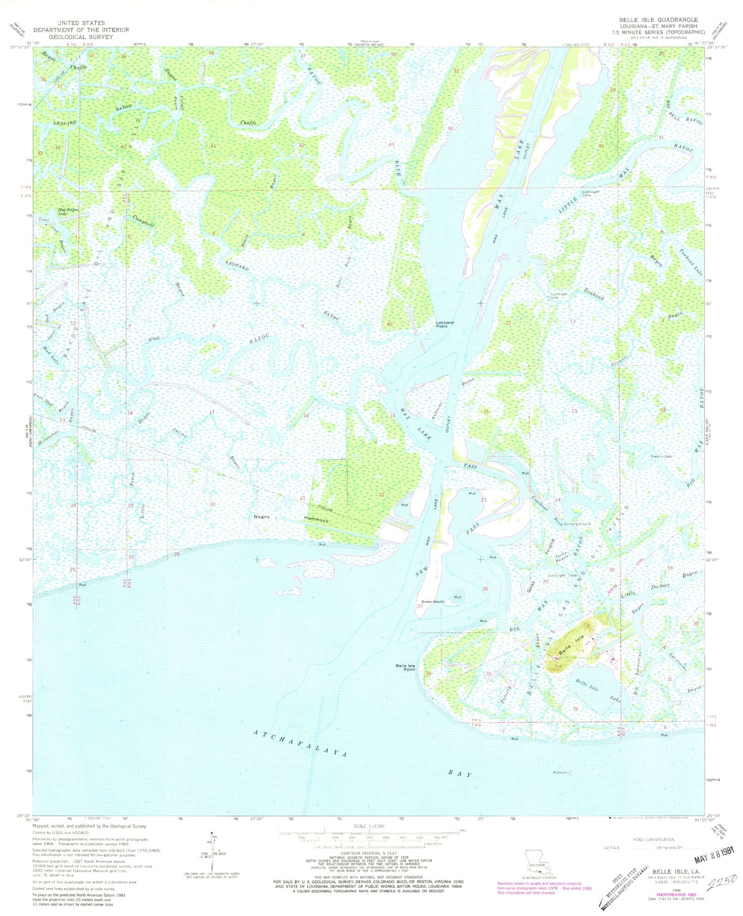 Classic USGS Belle Isle Louisiana 7.5'x7.5' Topo Map Image