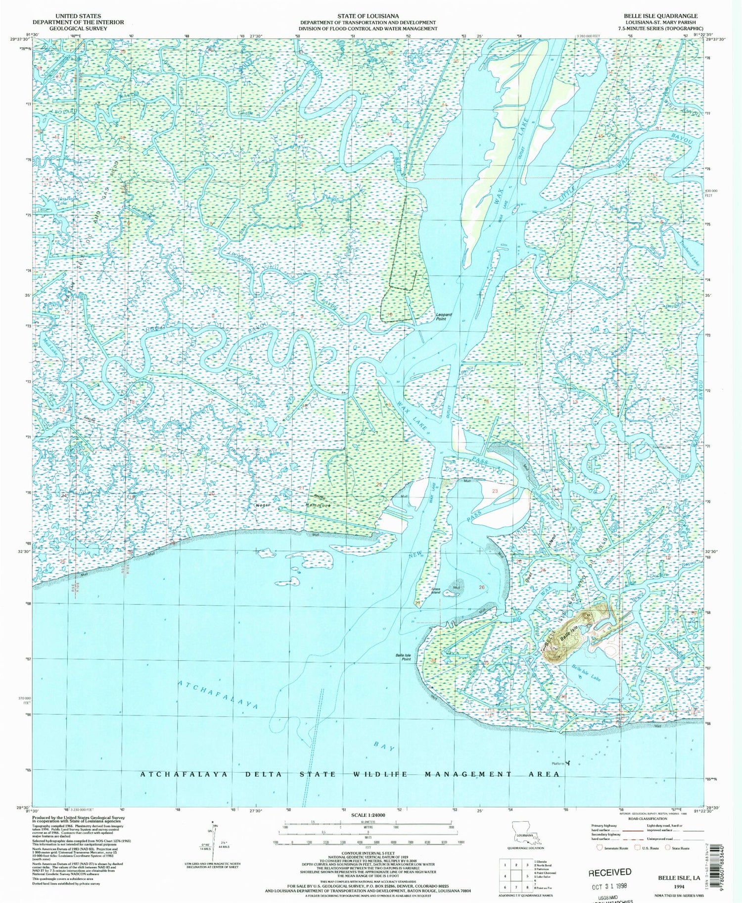 Classic USGS Belle Isle Louisiana 7.5'x7.5' Topo Map Image