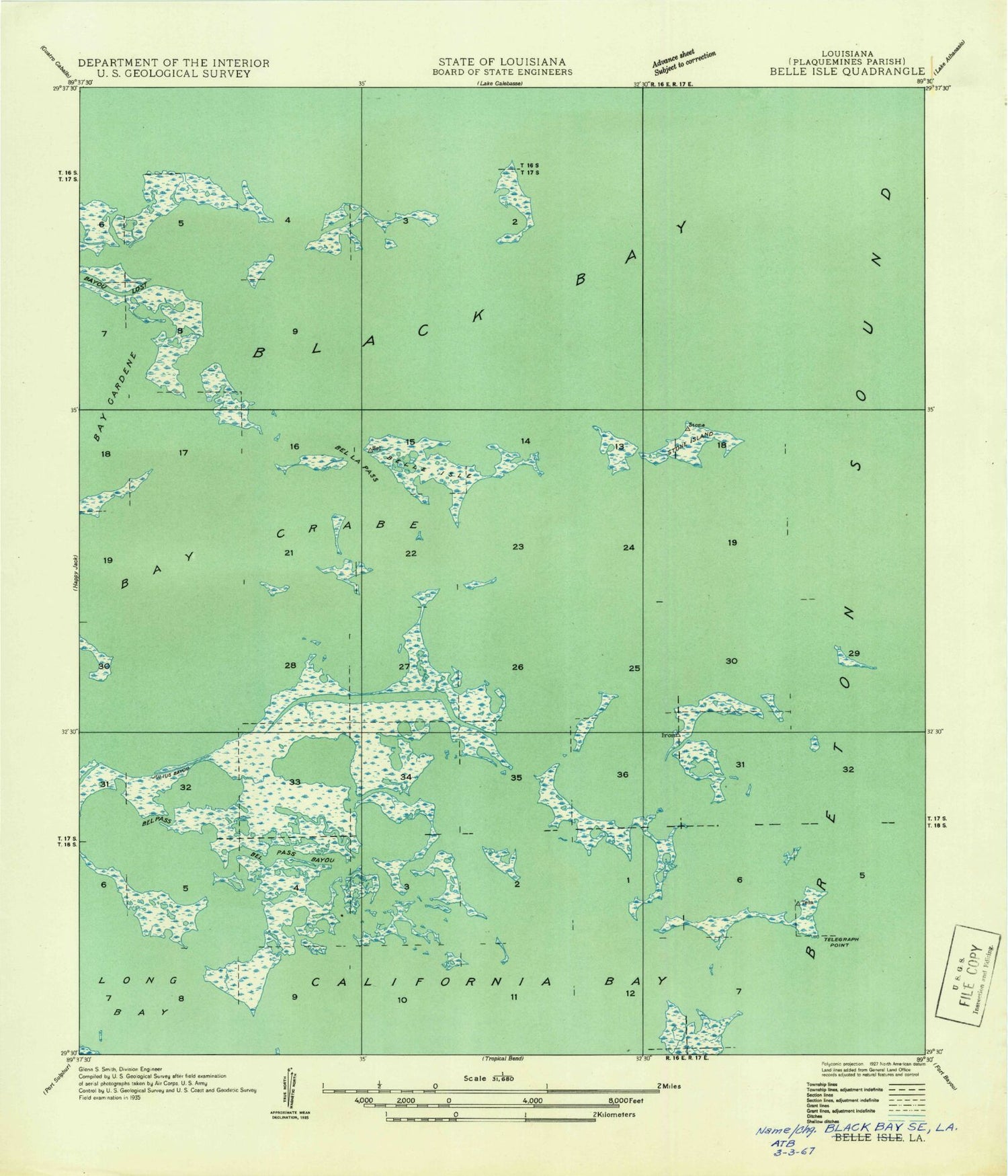 Classic USGS Belle Isle Louisiana 7.5'x7.5' Topo Map Image