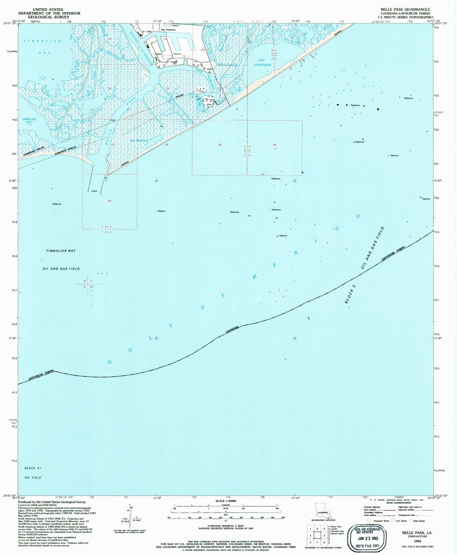 Classic USGS Belle Pass Louisiana 7.5'x7.5' Topo Map Image
