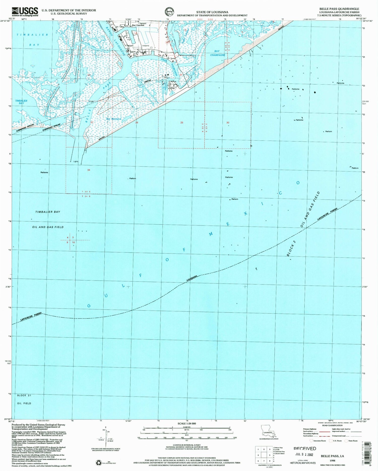 Classic USGS Belle Pass Louisiana 7.5'x7.5' Topo Map Image