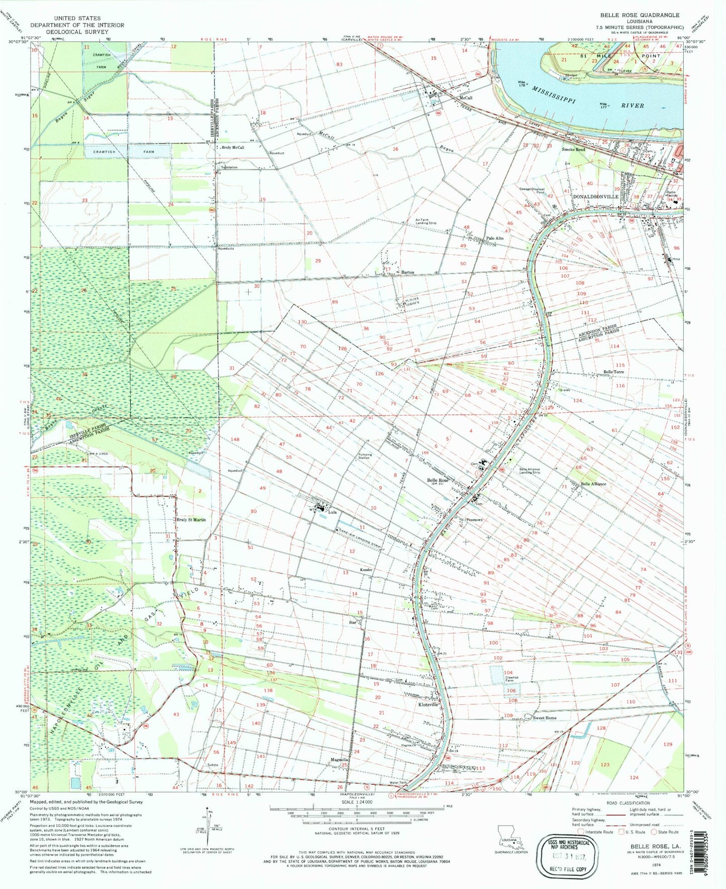 Classic USGS Belle Rose Louisiana 7.5'x7.5' Topo Map Image