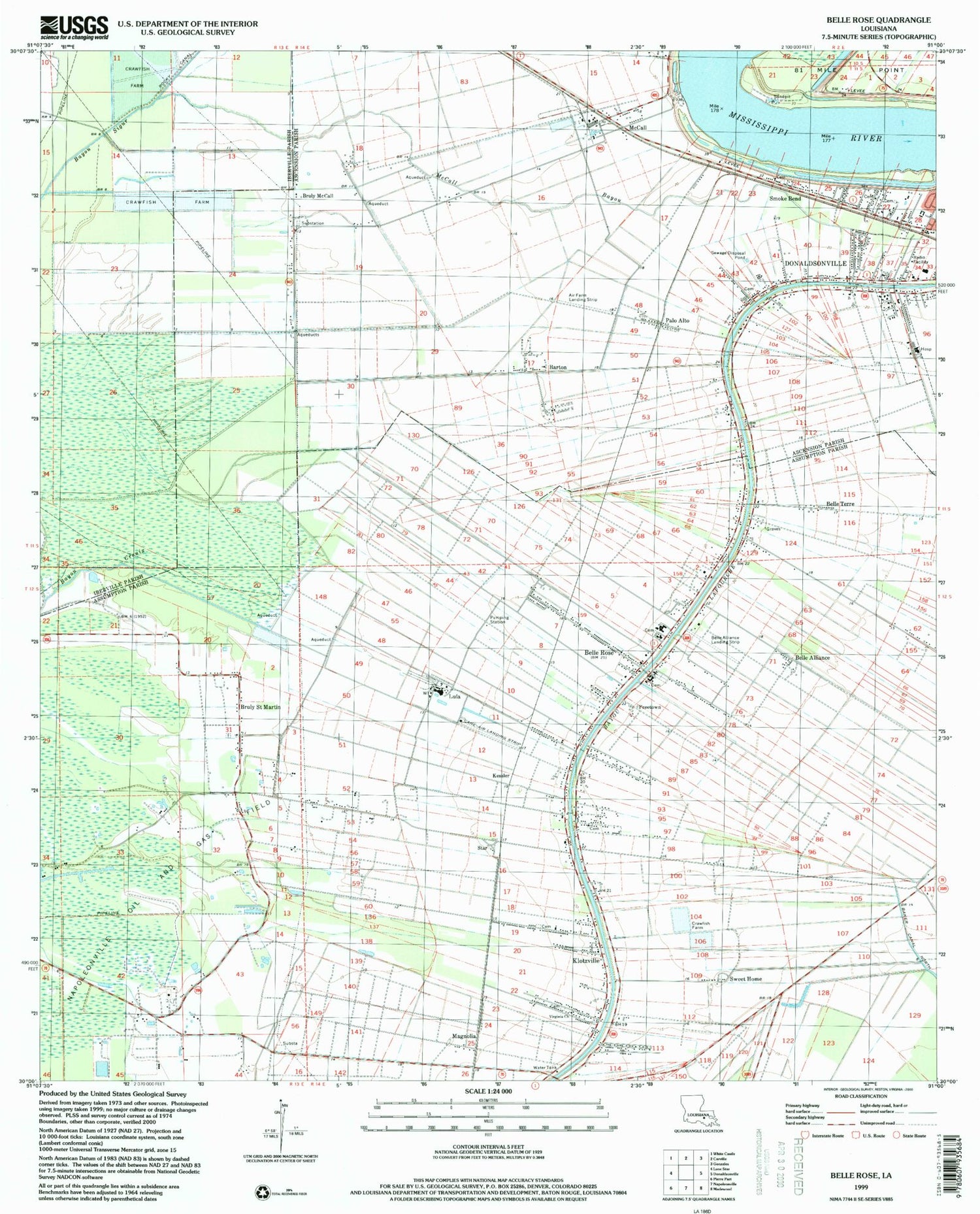 Classic USGS Belle Rose Louisiana 7.5'x7.5' Topo Map Image