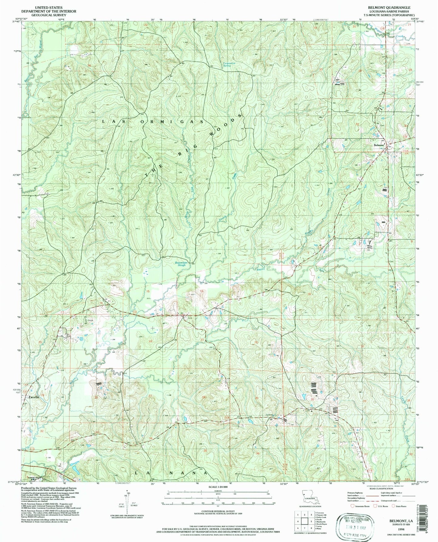 Classic USGS Belmont Louisiana 7.5'x7.5' Topo Map Image