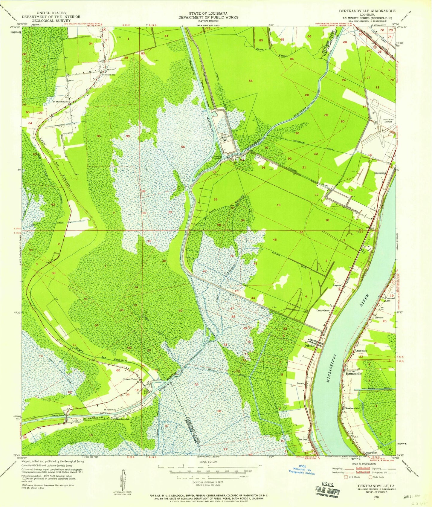 Classic USGS Bertrandville Louisiana 7.5'x7.5' Topo Map Image