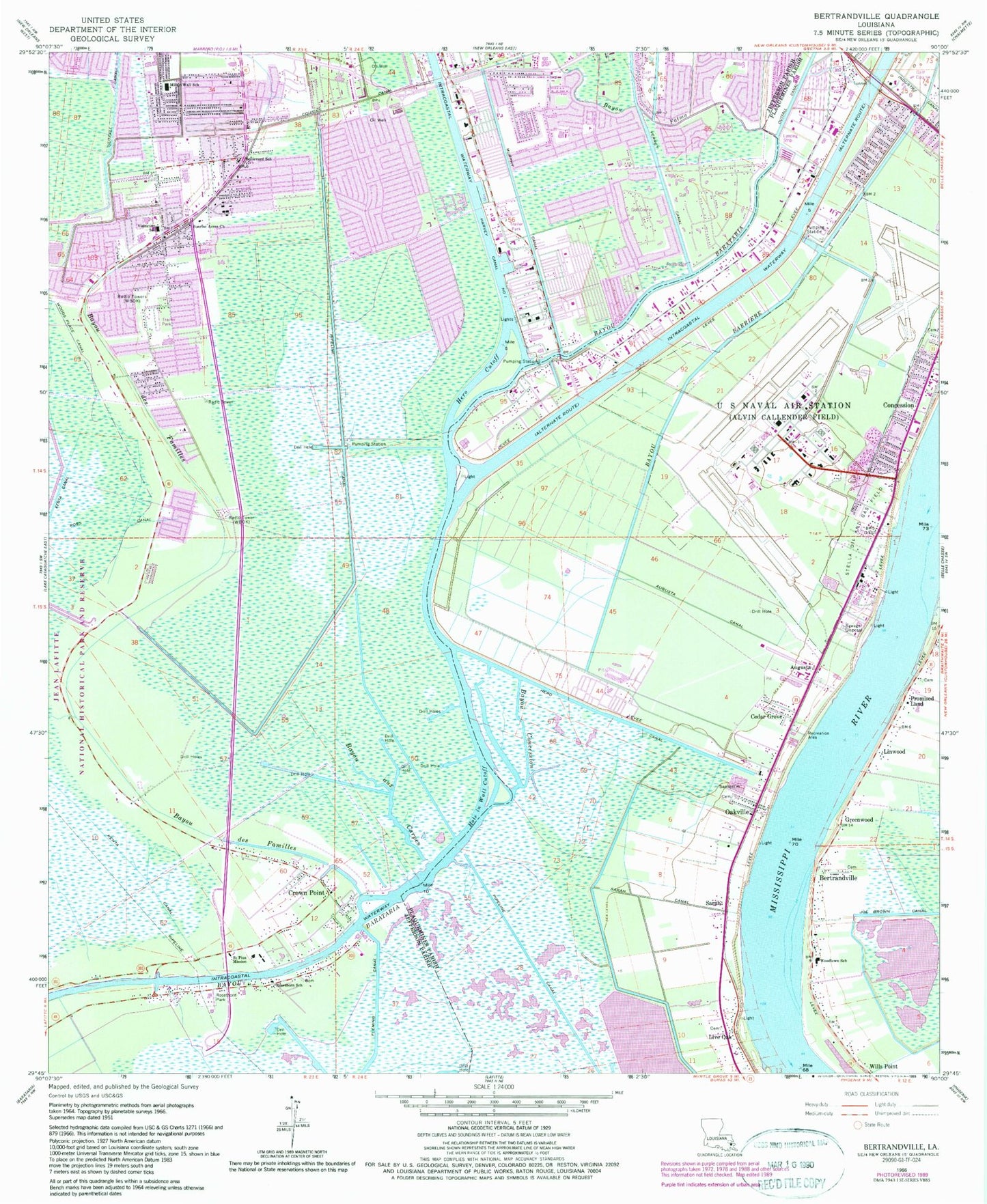 Classic USGS Bertrandville Louisiana 7.5'x7.5' Topo Map Image