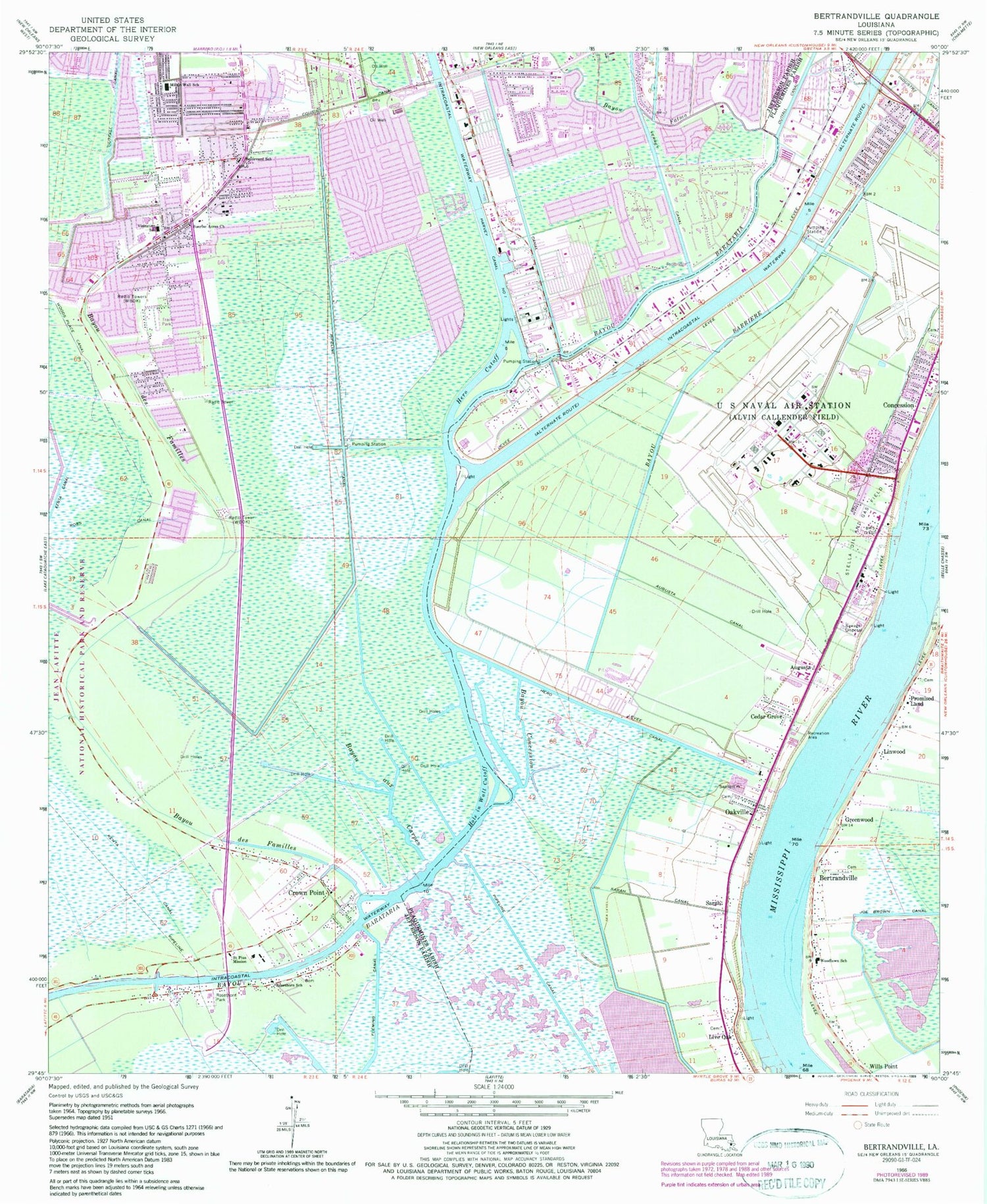Classic USGS Bertrandville Louisiana 7.5'x7.5' Topo Map Image