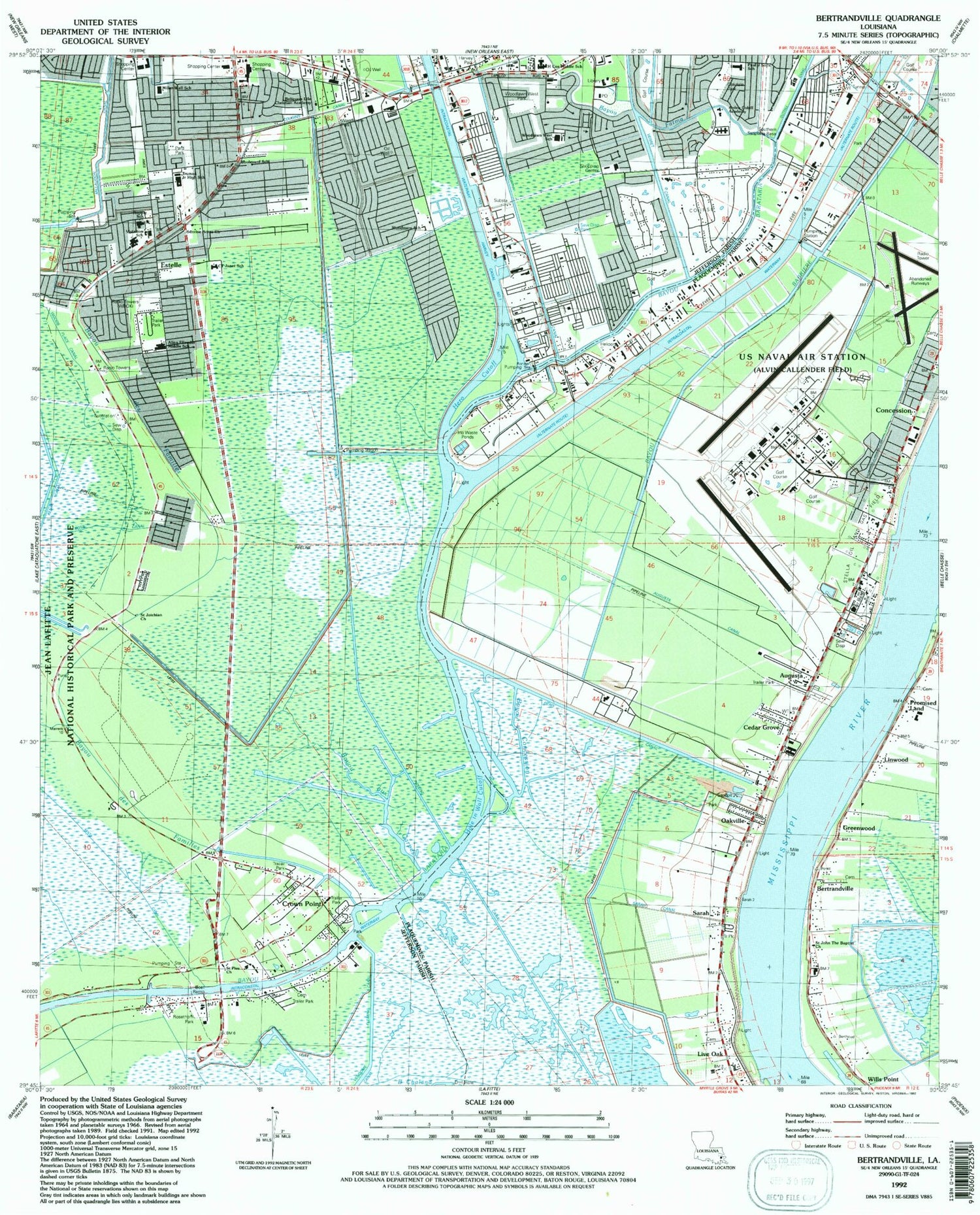 Classic USGS Bertrandville Louisiana 7.5'x7.5' Topo Map Image