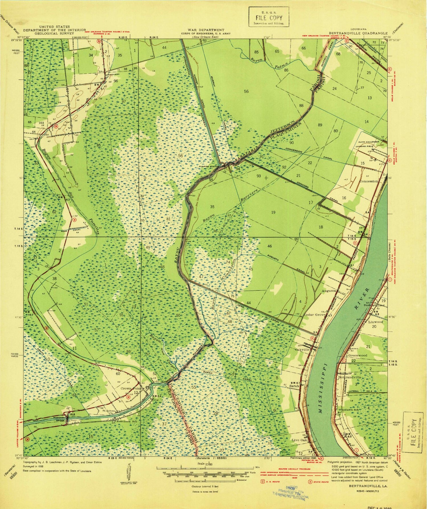 Classic USGS Bertrandville Louisiana 7.5'x7.5' Topo Map Image