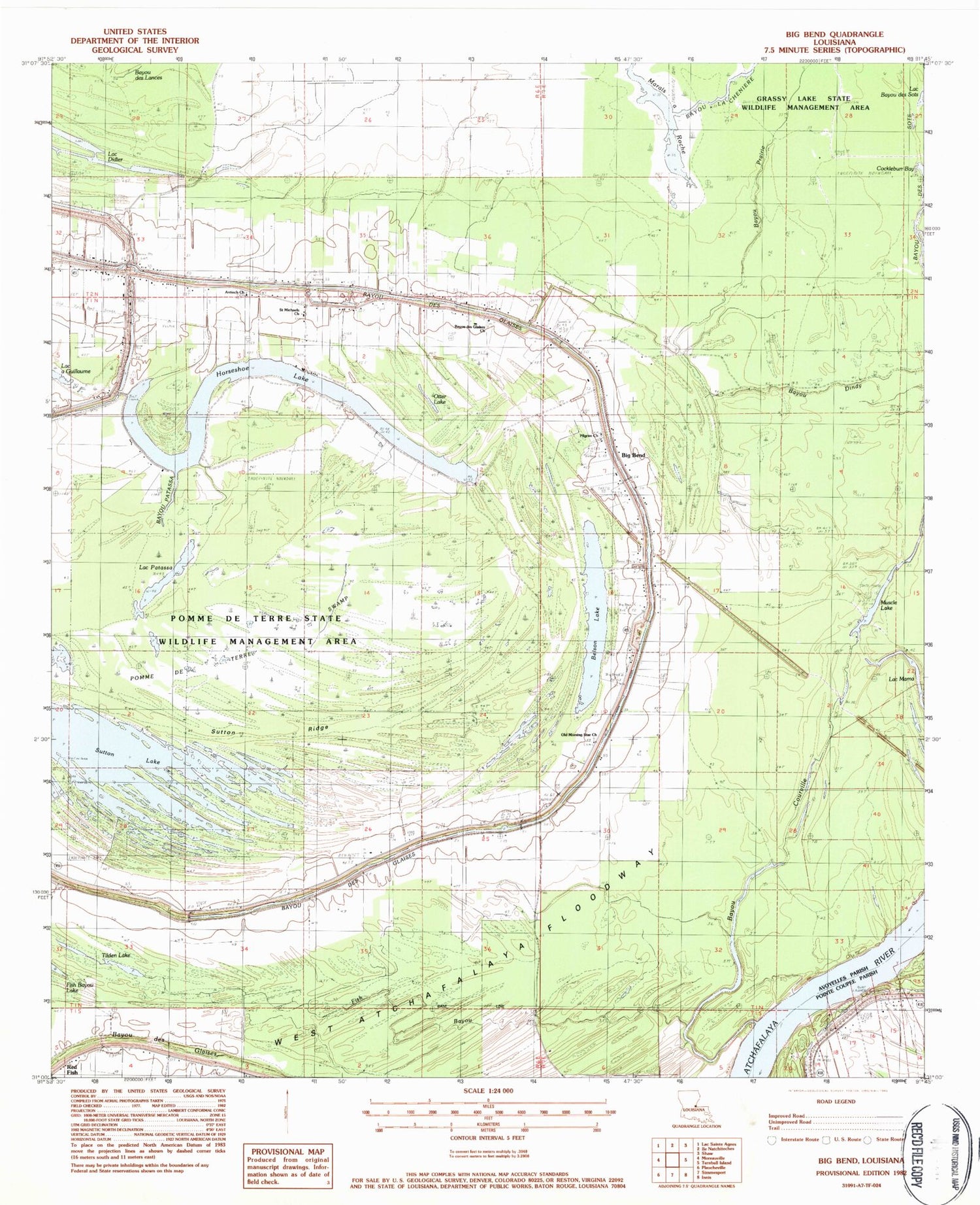 Classic USGS Big Bend Louisiana 7.5'x7.5' Topo Map Image