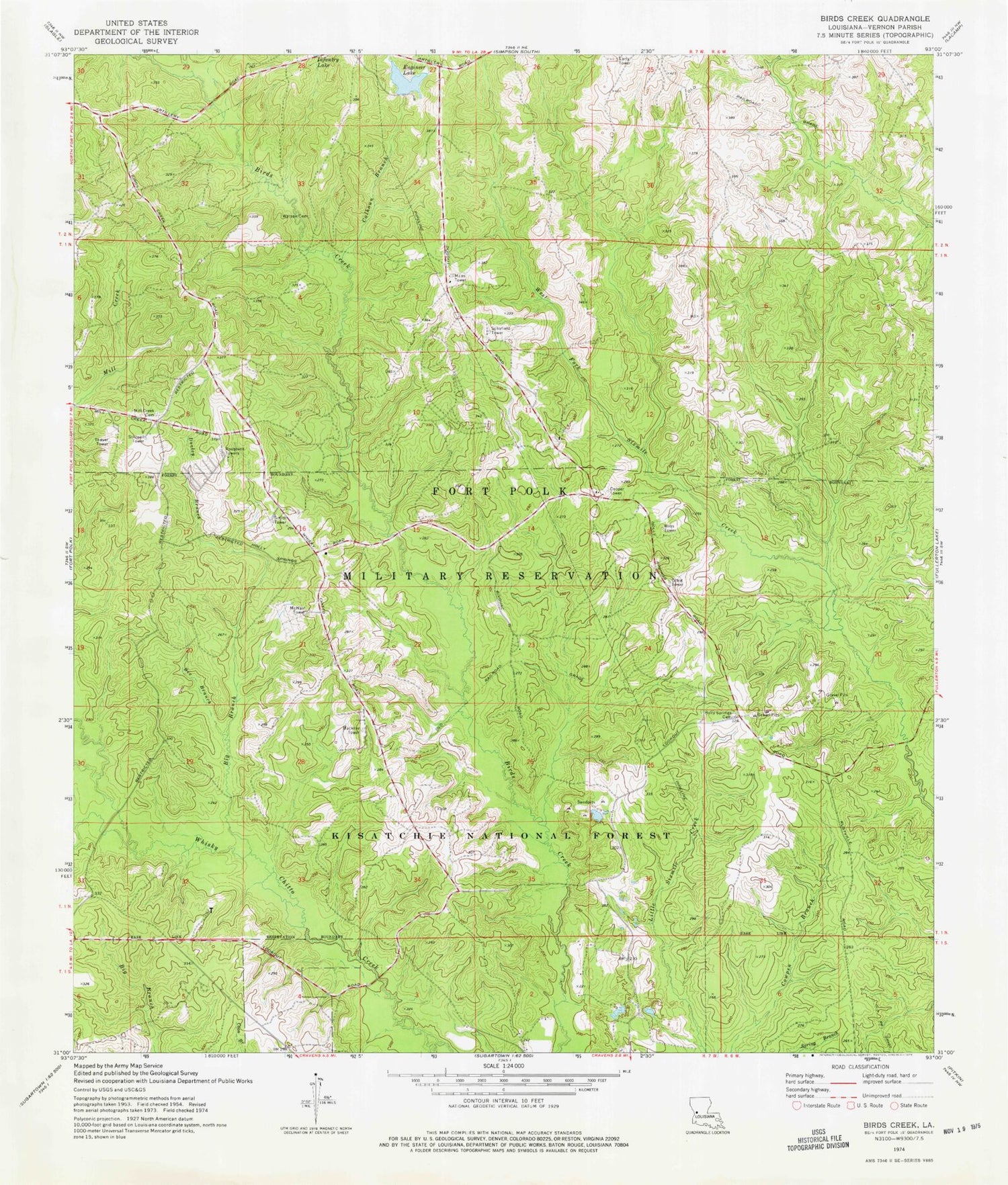 Classic USGS Birds Creek Louisiana 7.5'x7.5' Topo Map Image