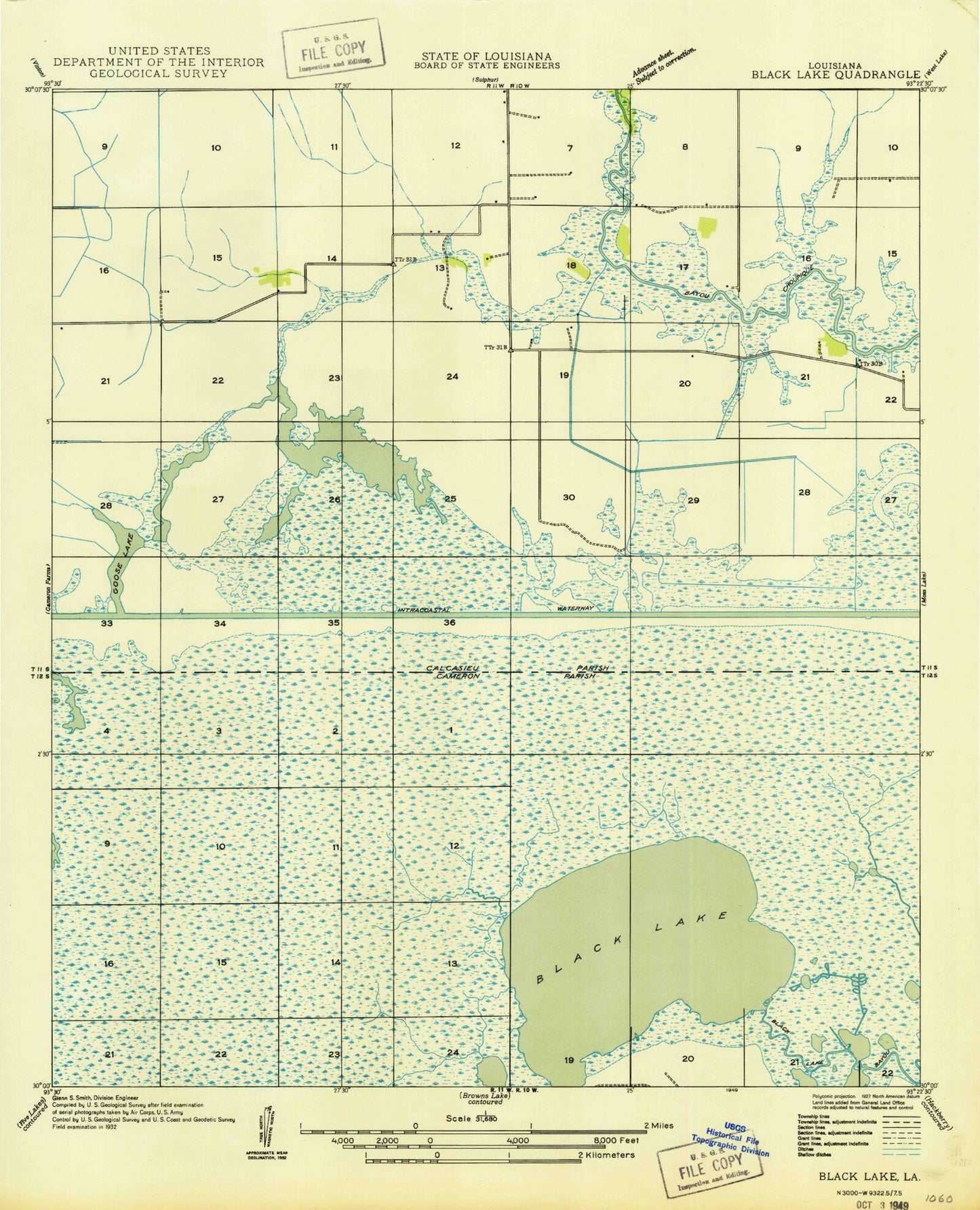 Classic USGS Black Lake Louisiana 7.5'x7.5' Topo Map Image