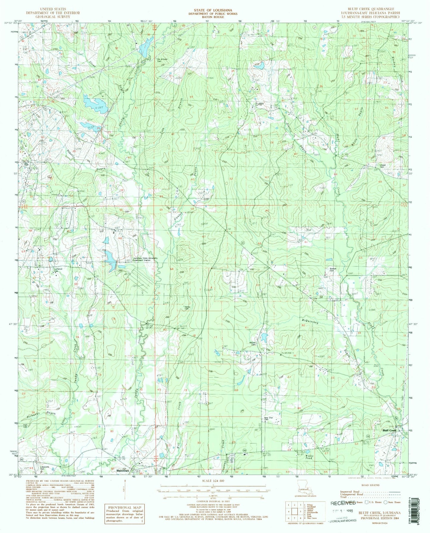 Classic USGS Bluff Creek Louisiana 7.5'x7.5' Topo Map Image
