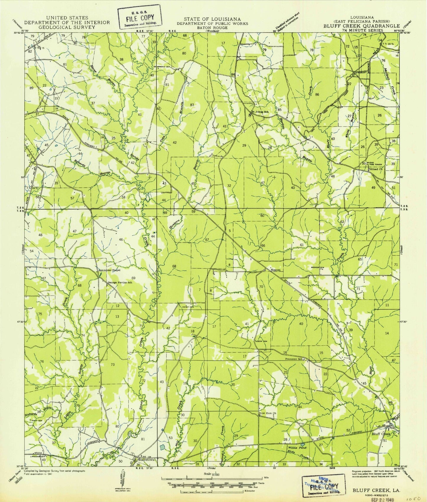 Classic USGS Bluff Creek Louisiana 7.5'x7.5' Topo Map Image