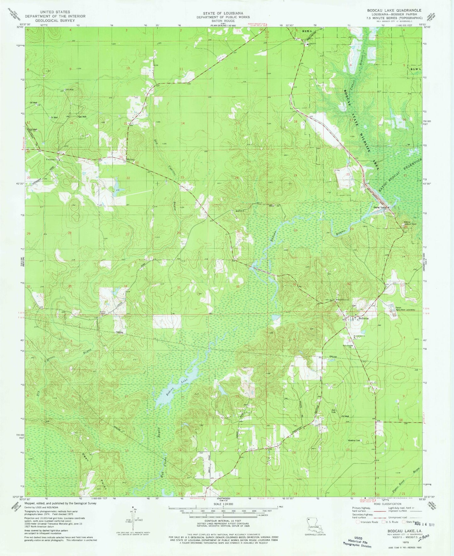 Classic USGS Bodcau Lake Louisiana 7.5'x7.5' Topo Map Image