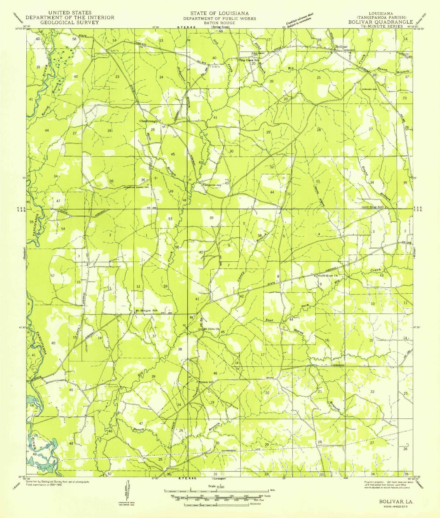 Classic USGS Chesbrough Louisiana 7.5'x7.5' Topo Map Image