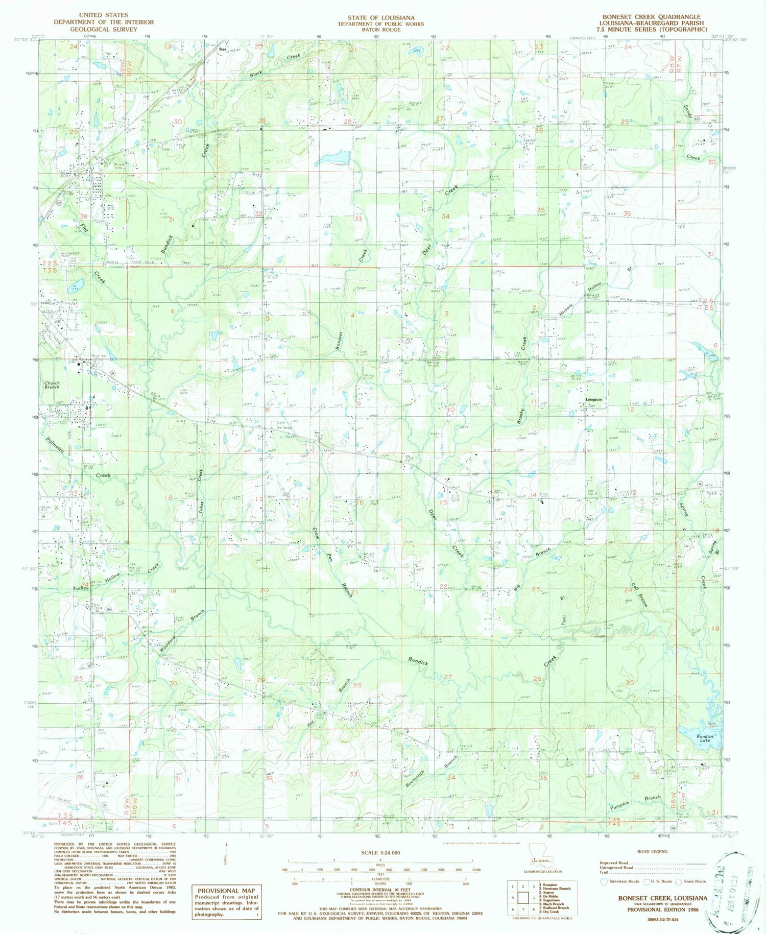 Classic USGS Boneset Creek Louisiana 7.5'x7.5' Topo Map Image