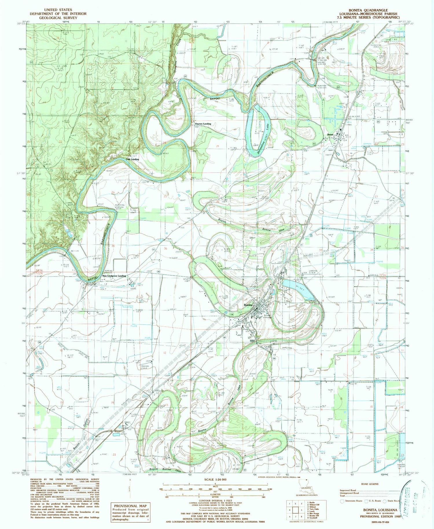 Classic USGS Bonita Louisiana 7.5'x7.5' Topo Map Image