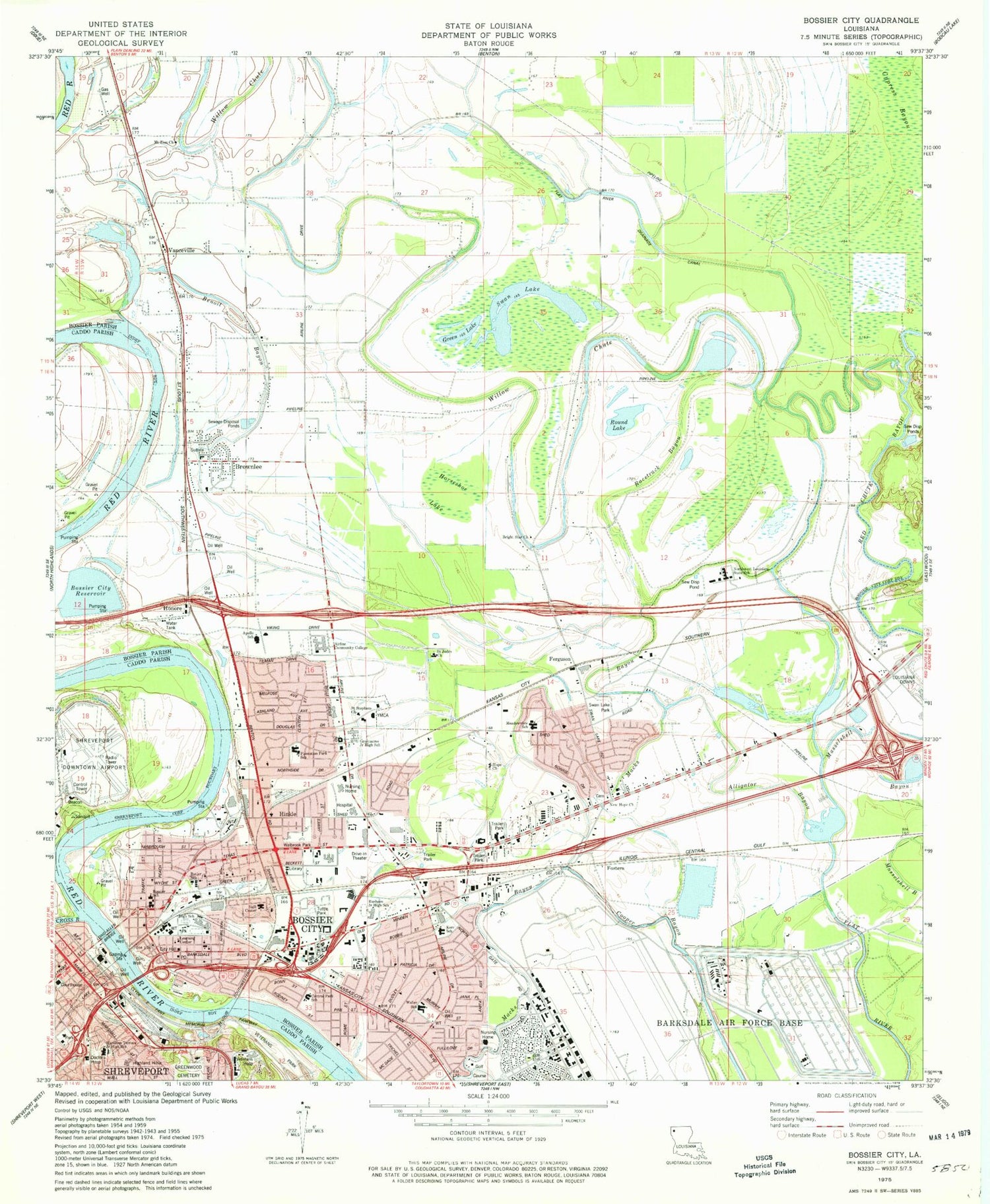 Classic USGS Bossier City Louisiana 7.5'x7.5' Topo Map Image