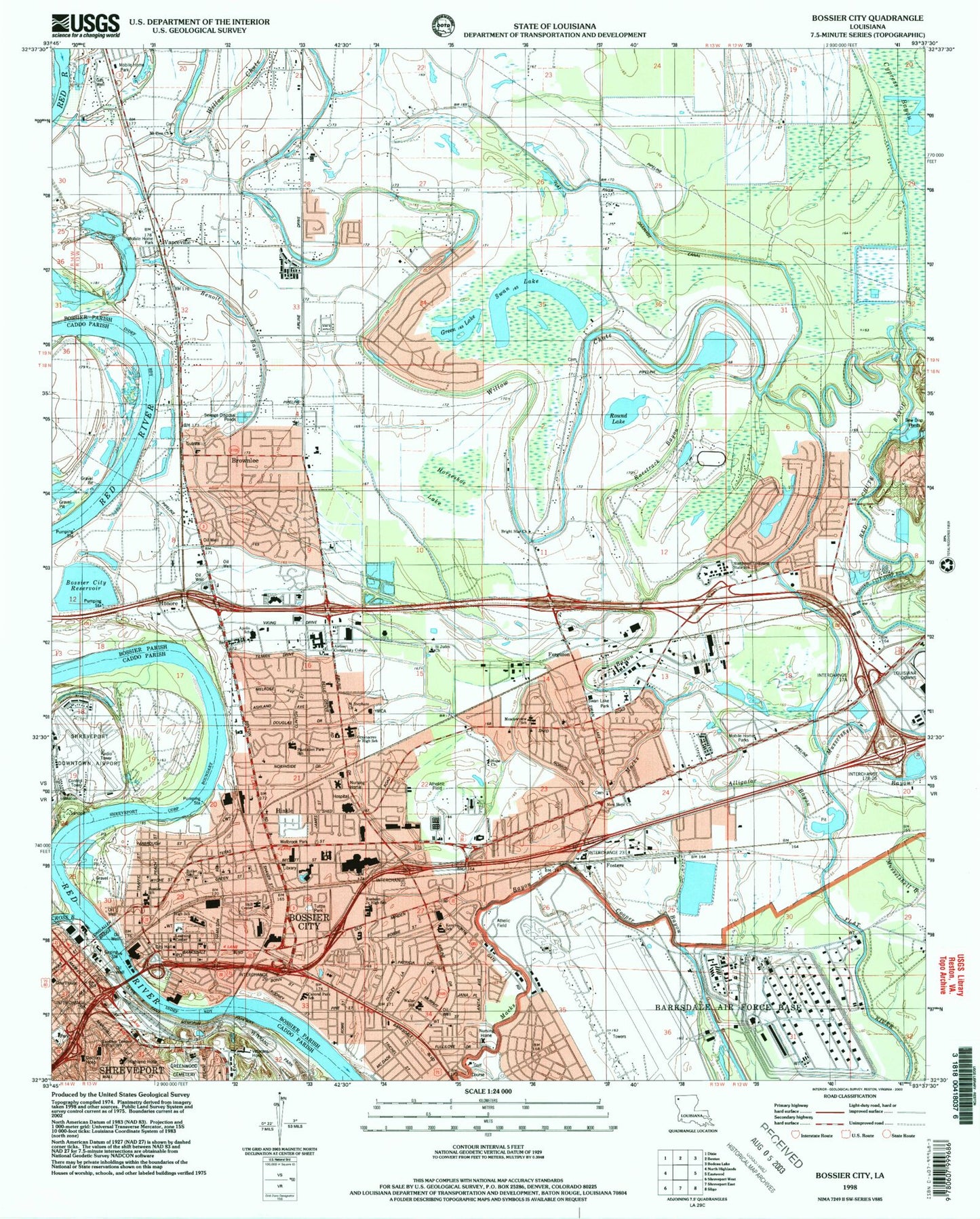 Classic USGS Bossier City Louisiana 7.5'x7.5' Topo Map Image