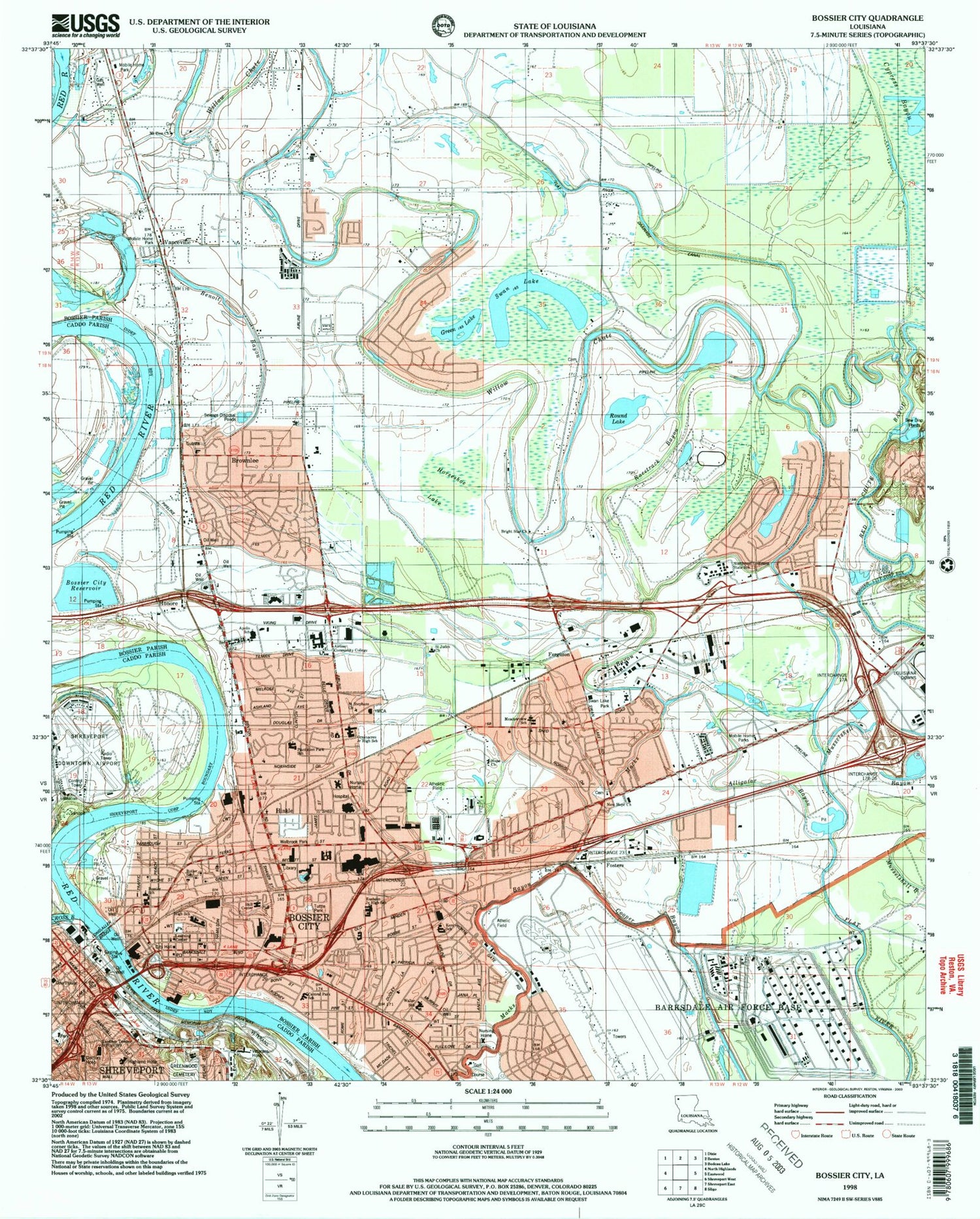 Classic USGS Bossier City Louisiana 7.5'x7.5' Topo Map Image