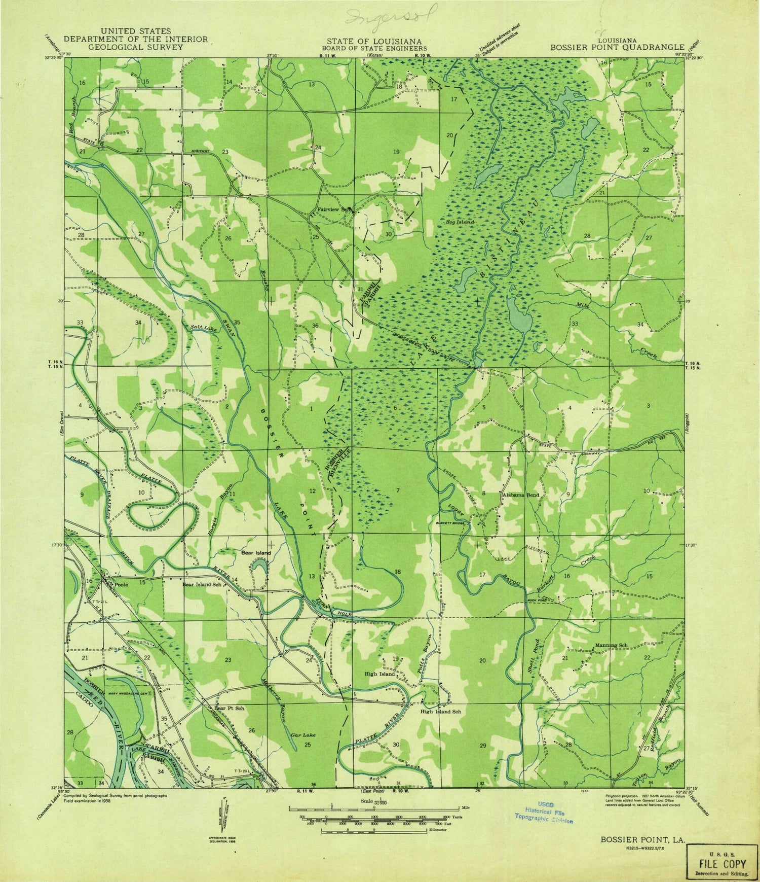 Classic USGS Bossier Point Louisiana 7.5'x7.5' Topo Map Image