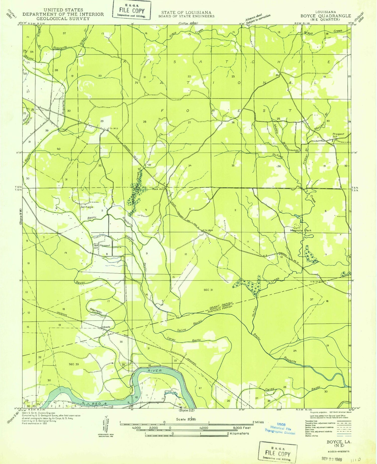Classic USGS Rock Hill Louisiana 7.5'x7.5' Topo Map Image