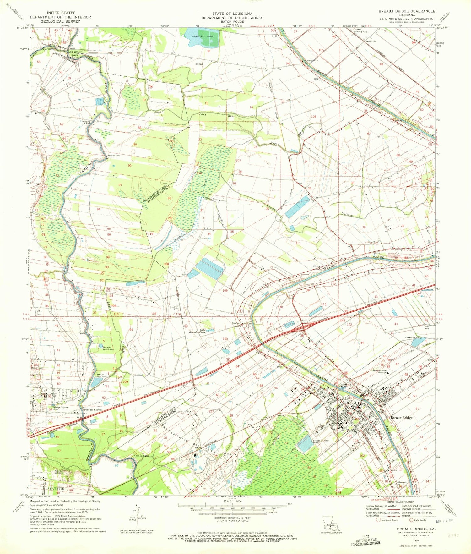 Classic USGS Breaux Bridge Louisiana 7.5'x7.5' Topo Map Image