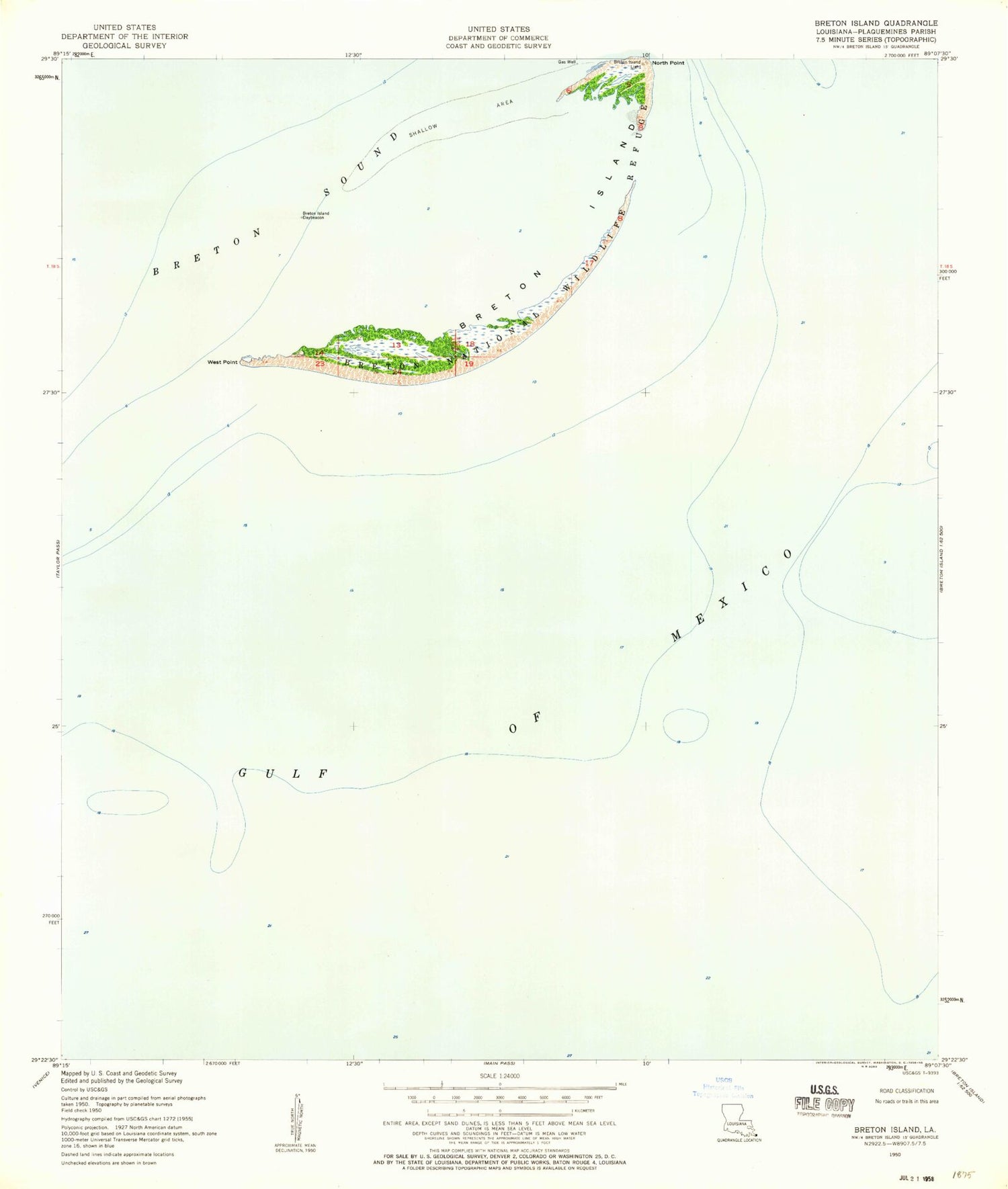 Classic USGS Breton Islands Louisiana 7.5'x7.5' Topo Map Image