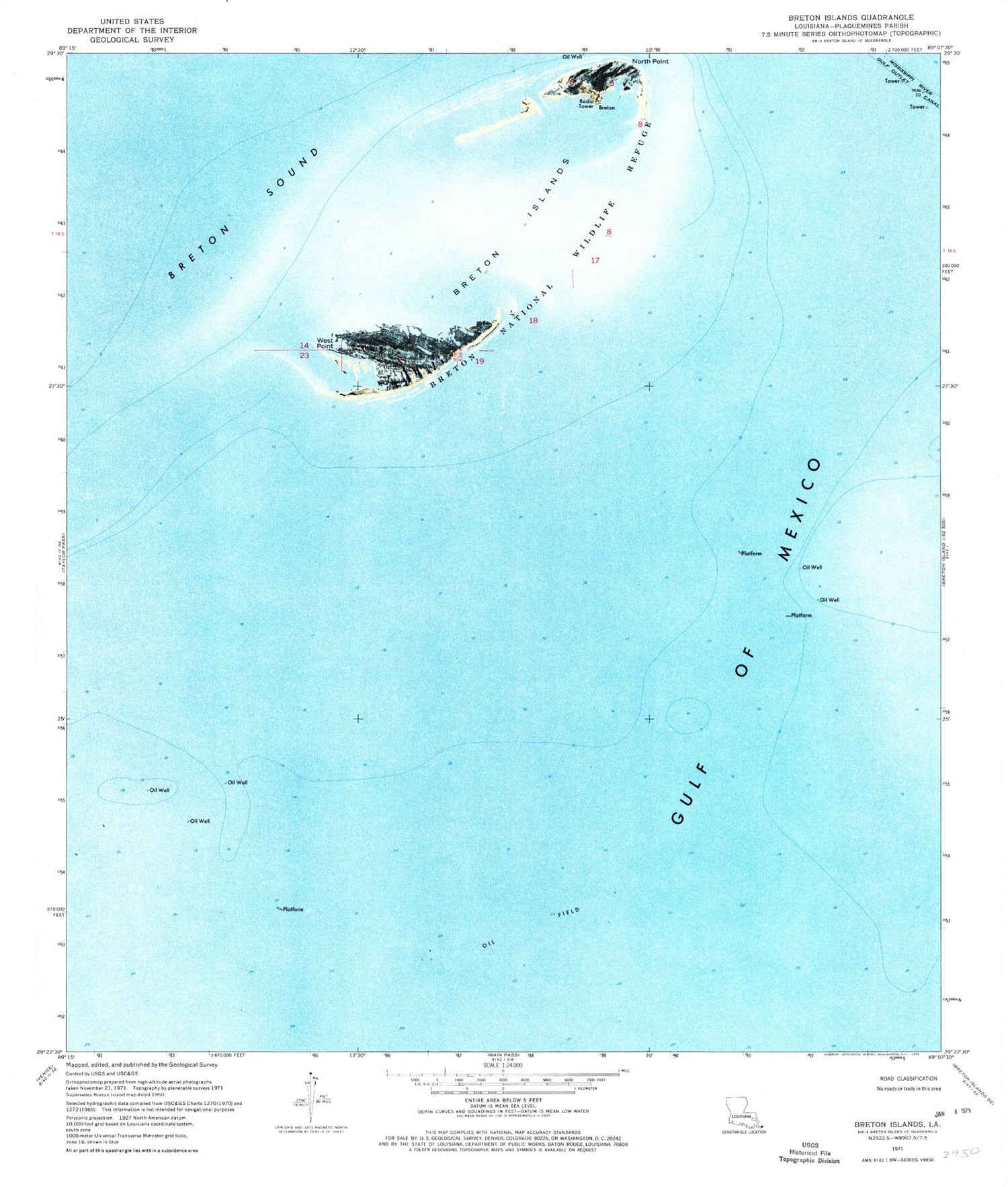 Classic USGS Breton Islands Louisiana 7.5'x7.5' Topo Map Image