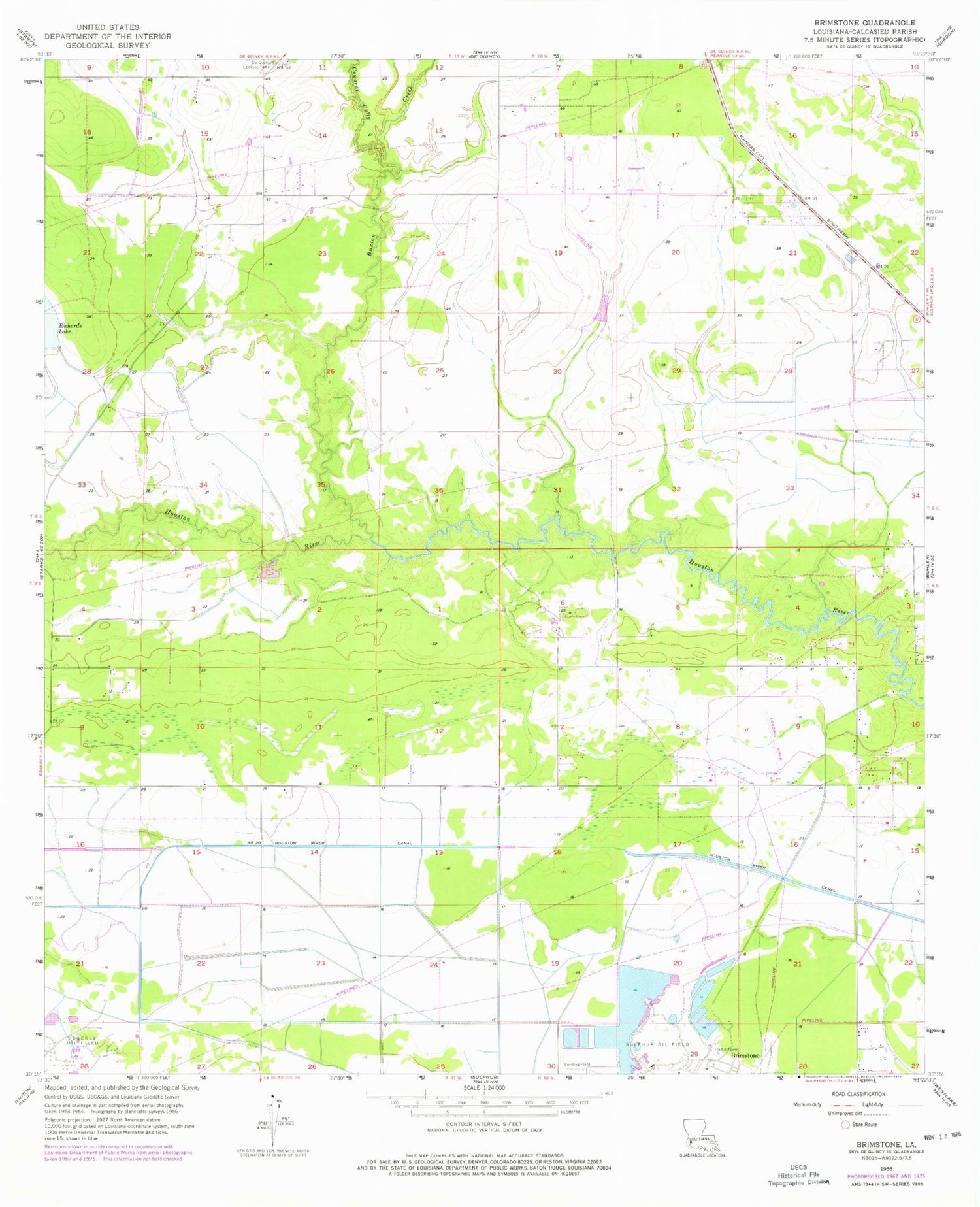 Classic USGS Brimstone Louisiana 7.5'x7.5' Topo Map Image