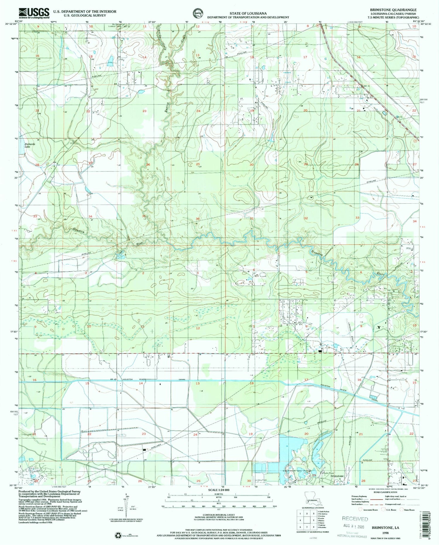 Classic USGS Brimstone Louisiana 7.5'x7.5' Topo Map Image