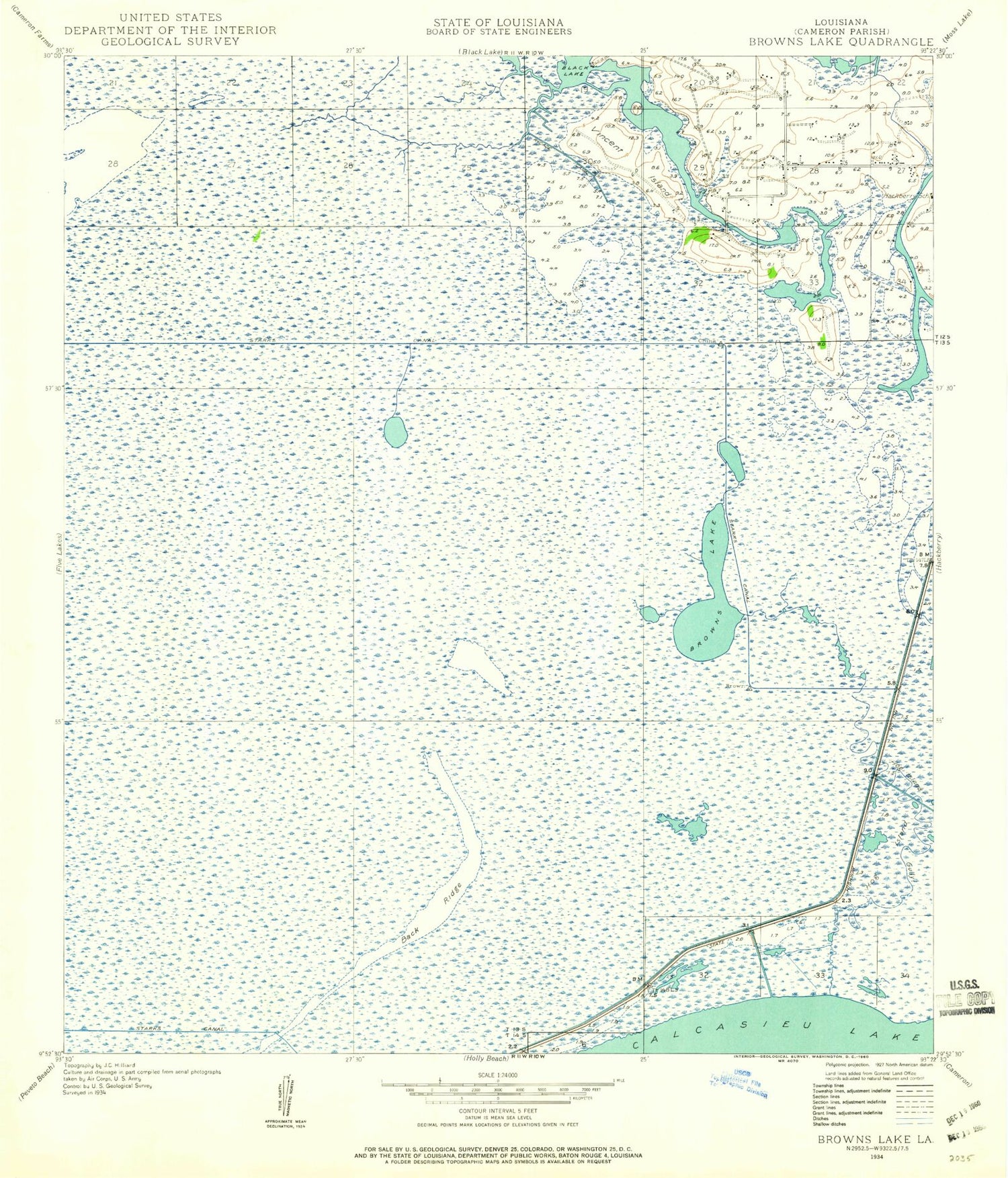 Classic USGS Browns Lake Louisiana 7.5'x7.5' Topo Map Image