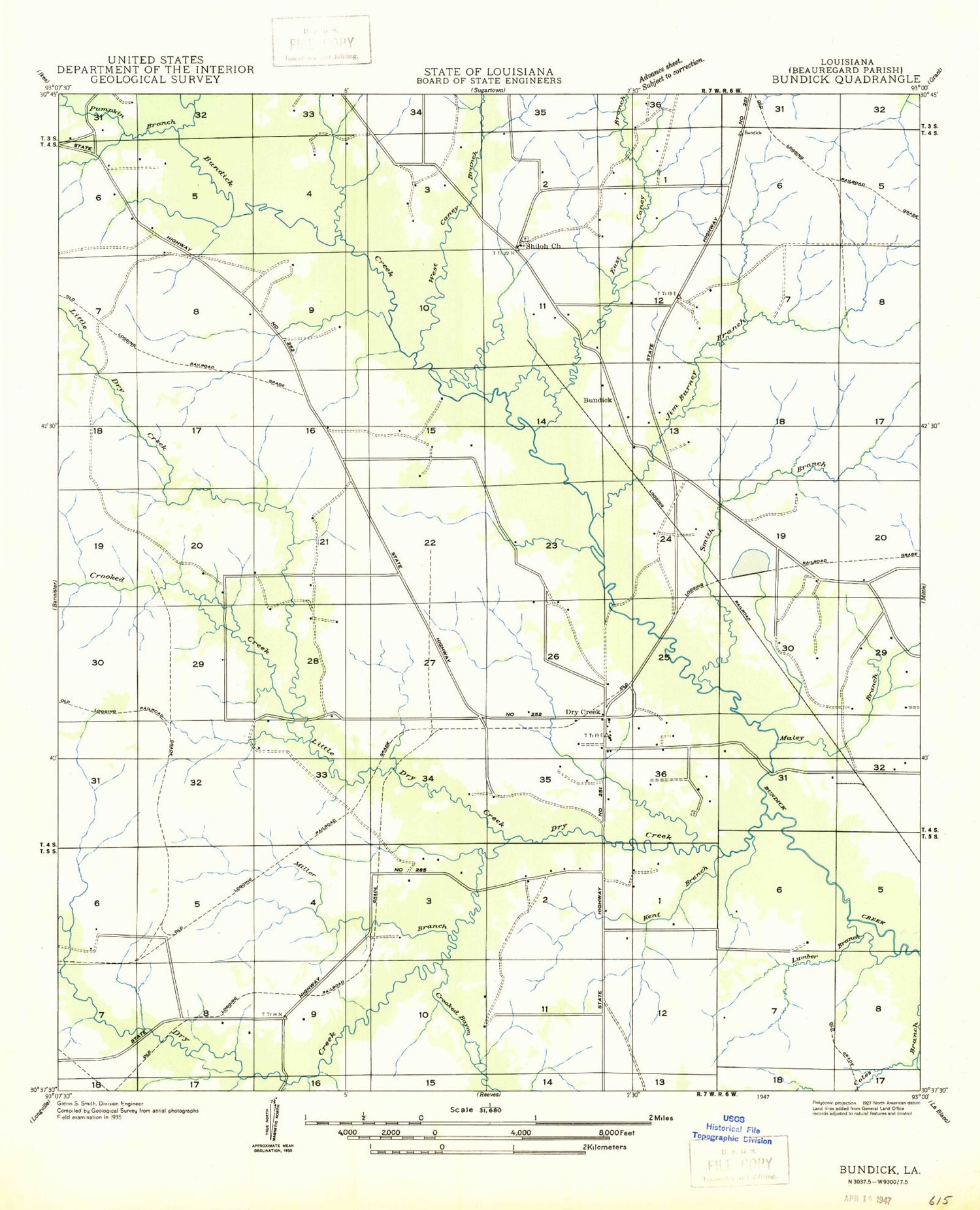 Classic USGS Dry Creek Louisiana 7.5'x7.5' Topo Map Image