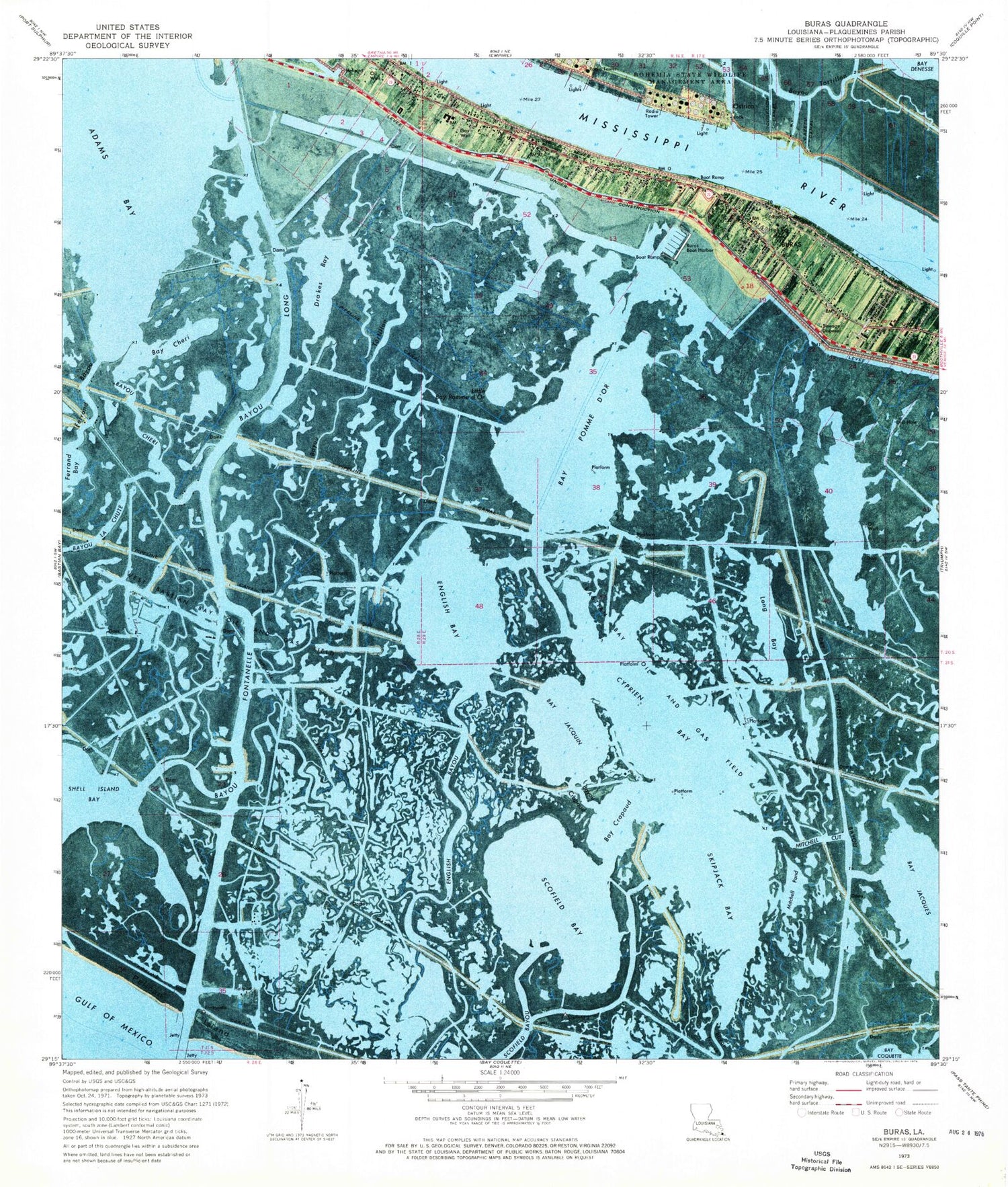 Classic USGS Buras Louisiana 7.5'x7.5' Topo Map Image