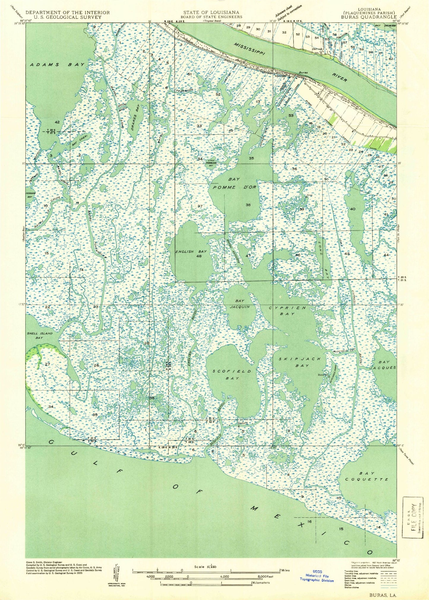 Classic USGS Buras Louisiana 7.5'x7.5' Topo Map Image