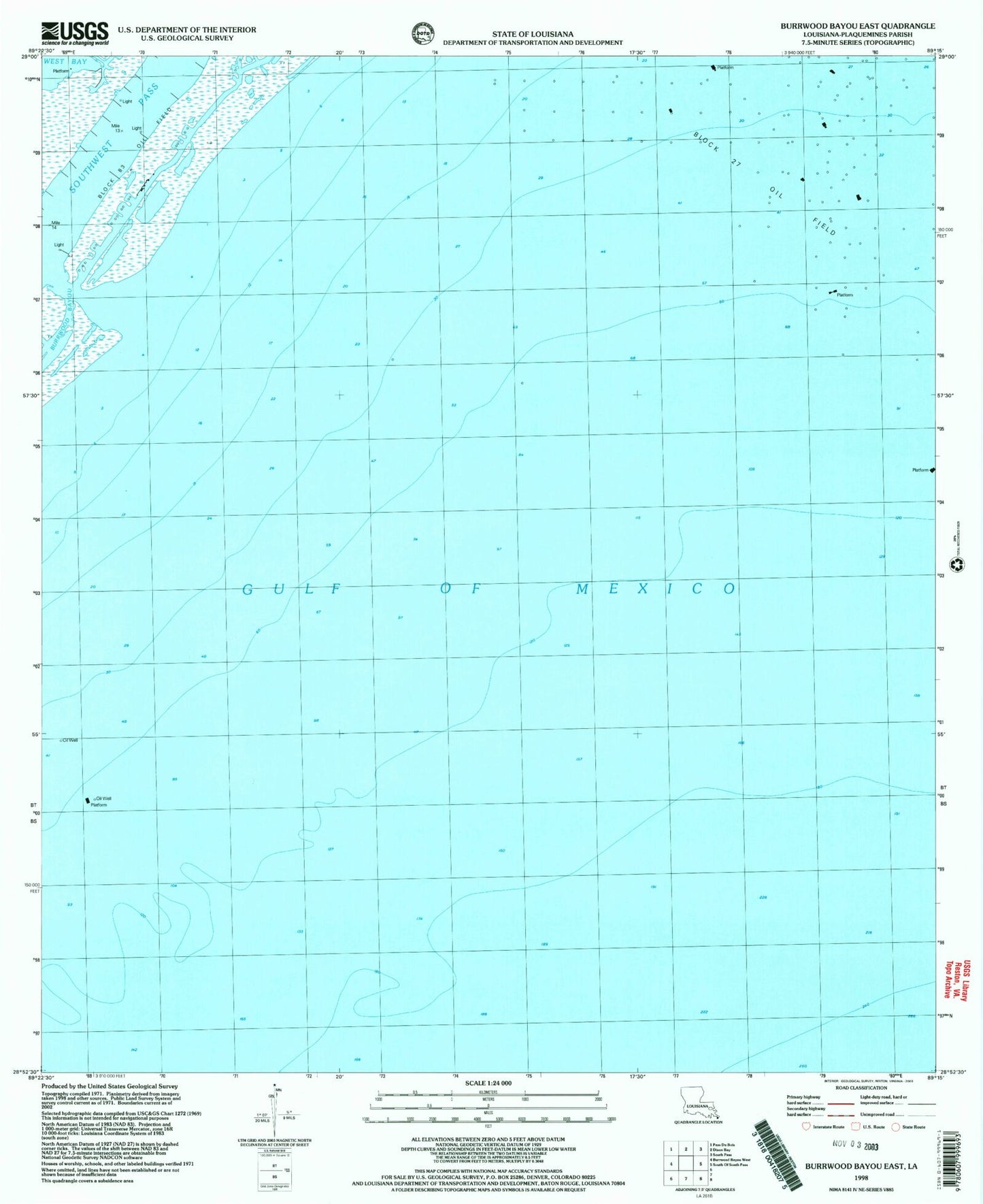 Classic USGS Burrwood Bayou East Louisiana 7.5'x7.5' Topo Map Image