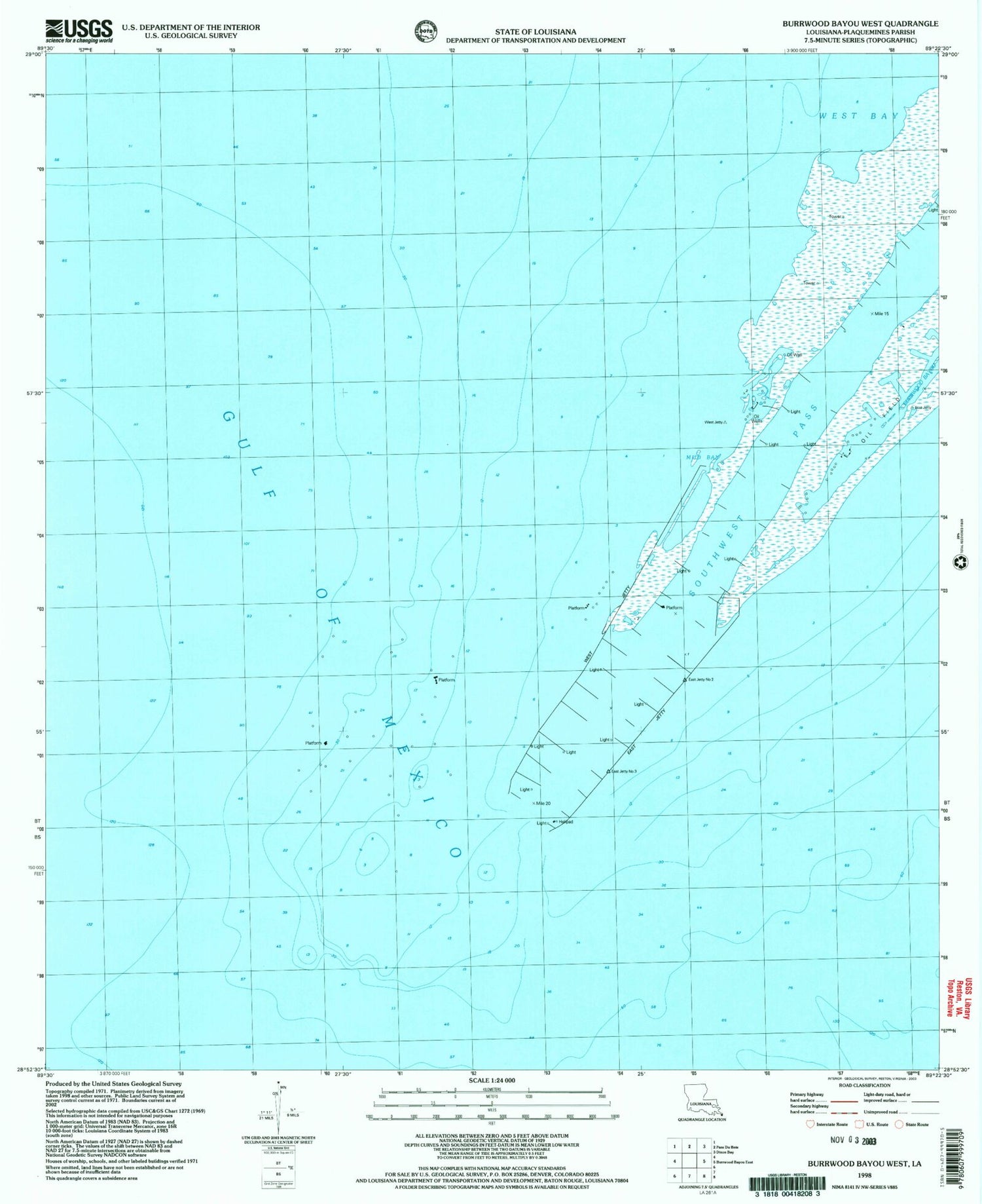 Classic USGS Burrwood Bayou West Louisiana 7.5'x7.5' Topo Map Image