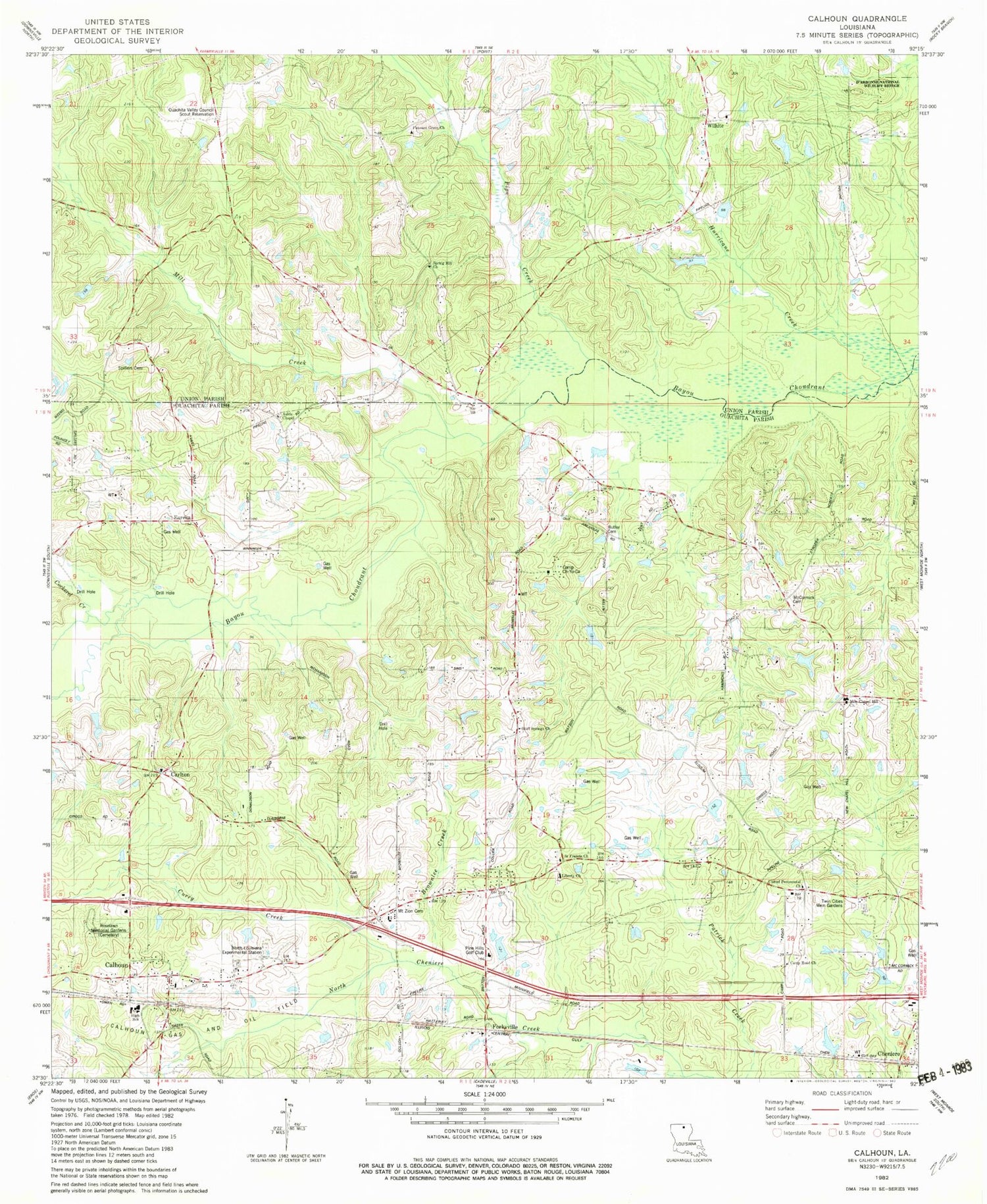 Classic USGS Calhoun Louisiana 7.5'x7.5' Topo Map Image