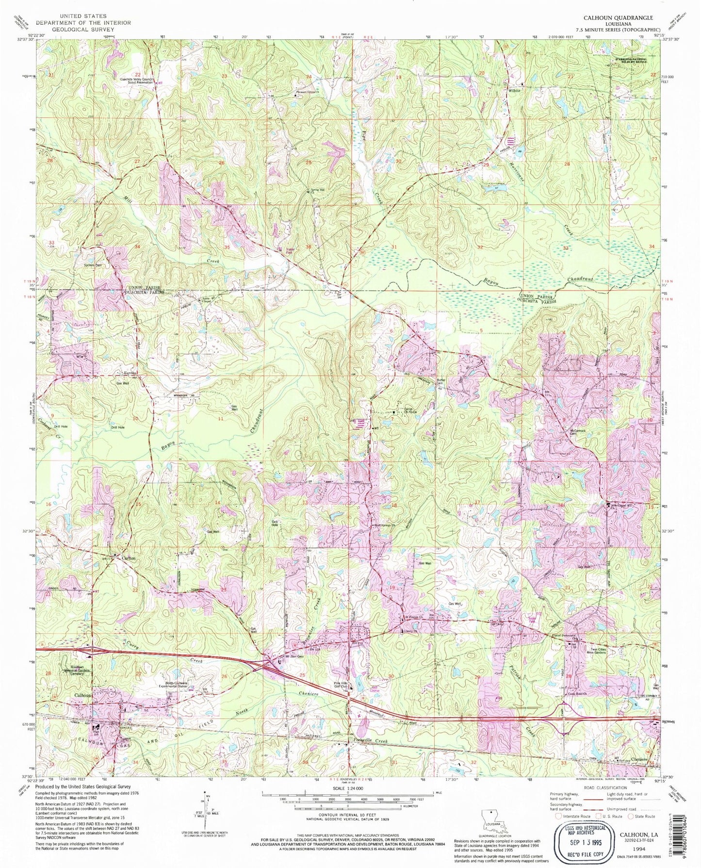 Classic USGS Calhoun Louisiana 7.5'x7.5' Topo Map Image