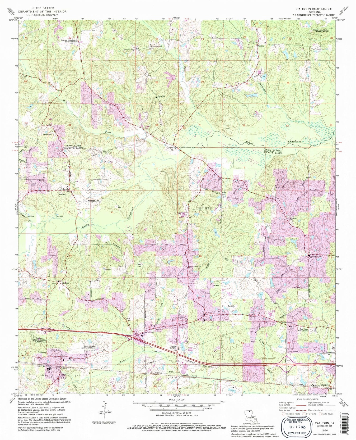 Classic USGS Calhoun Louisiana 7.5'x7.5' Topo Map Image