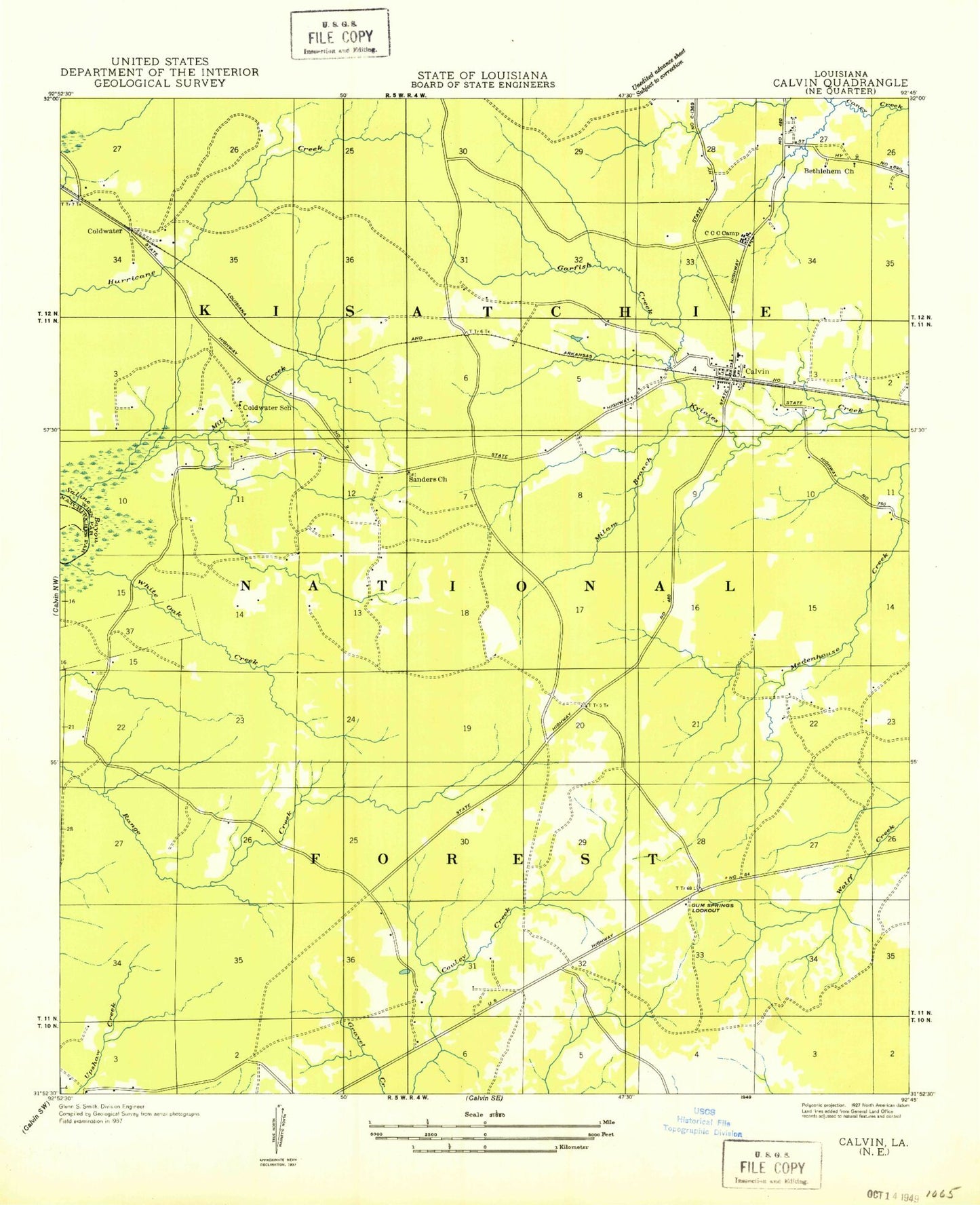 Classic USGS Calvin Louisiana 7.5'x7.5' Topo Map Image