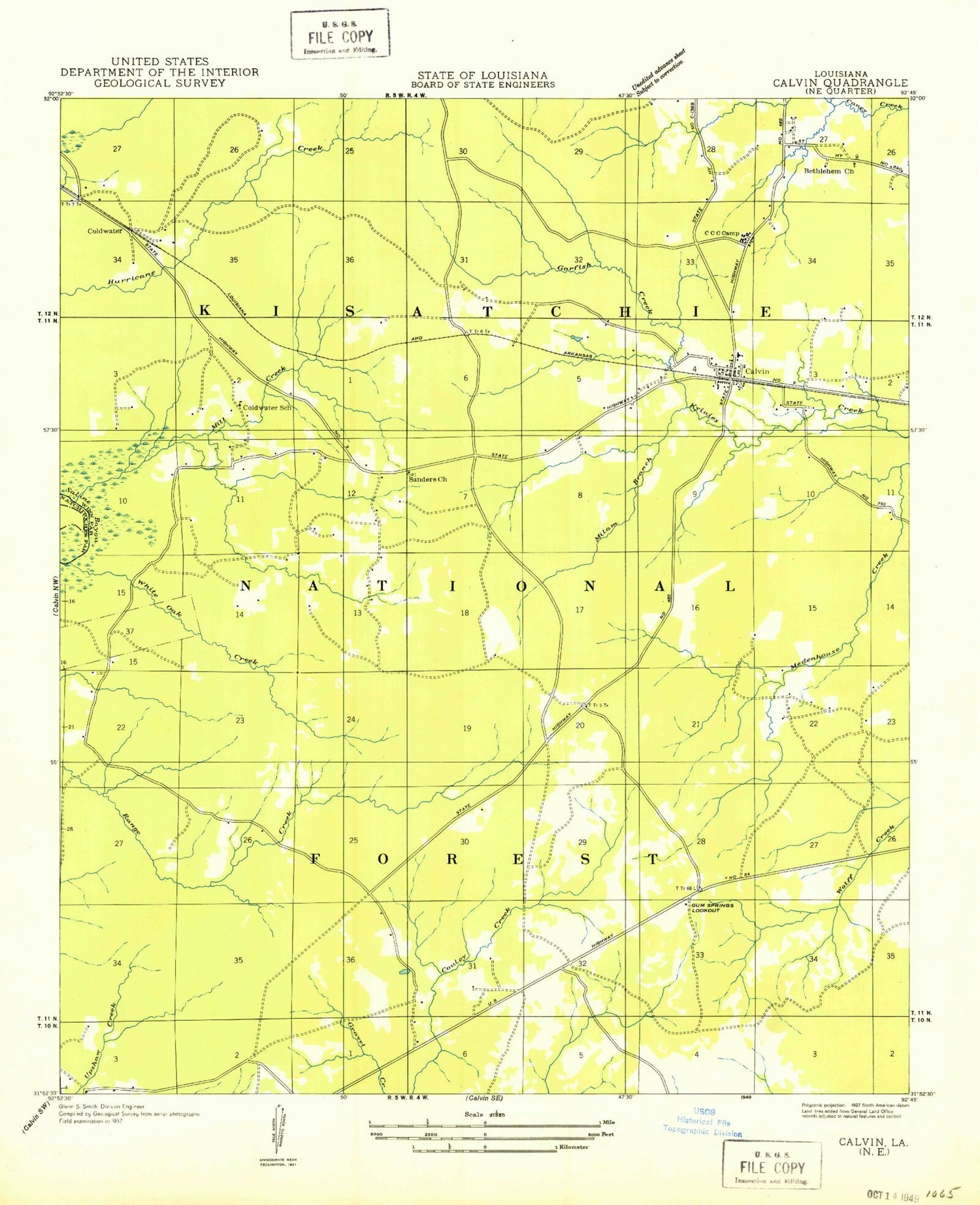 Classic USGS Calvin Louisiana 7.5'x7.5' Topo Map Image