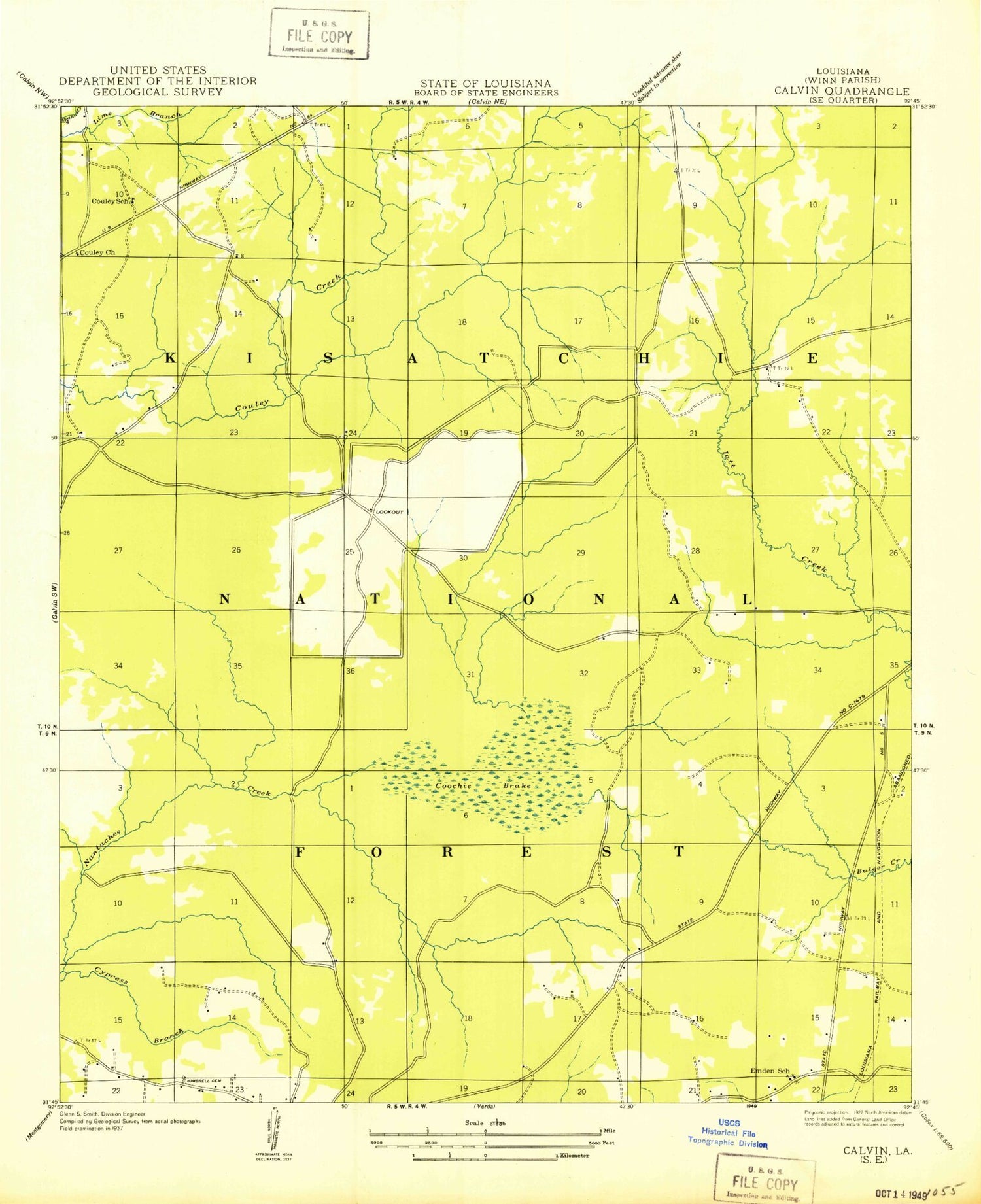 Classic USGS Coochie Brake Louisiana 7.5'x7.5' Topo Map Image
